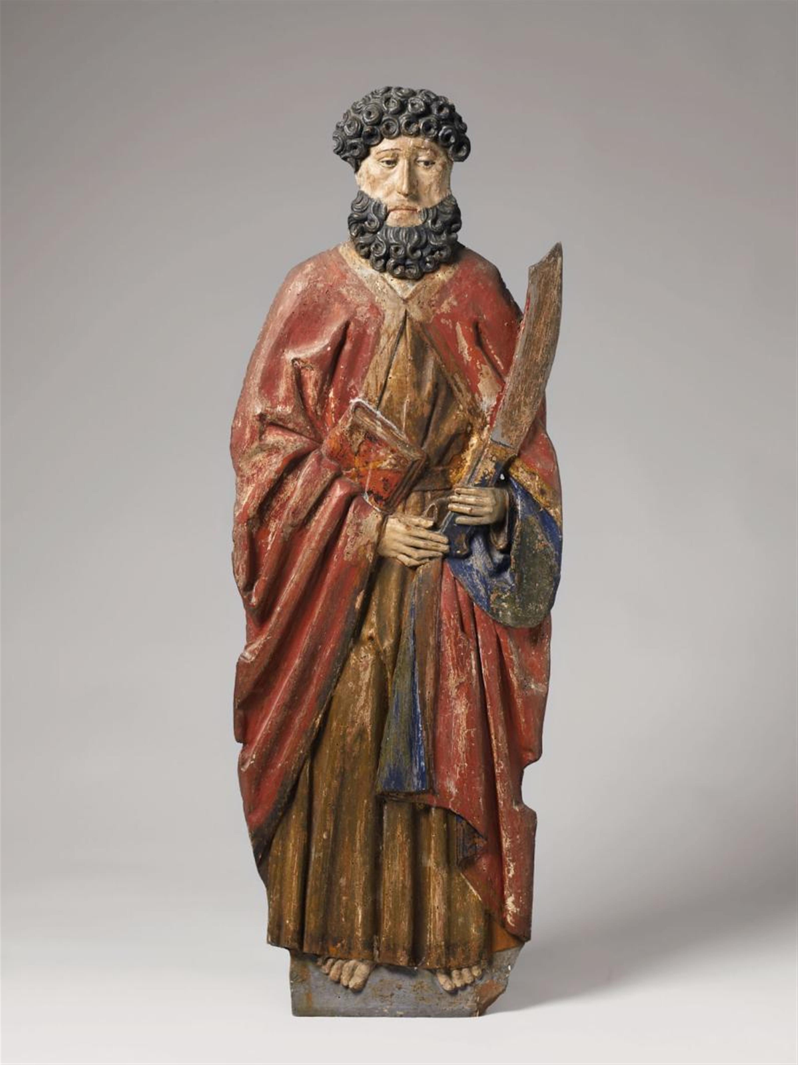 A CARVED WOODEN RELIEF DEPICTING SAINT BARTHOLOMEW, PRESUMABLY MIDDLE RHINE REGION, CIRCA 1470/1480 - image-1