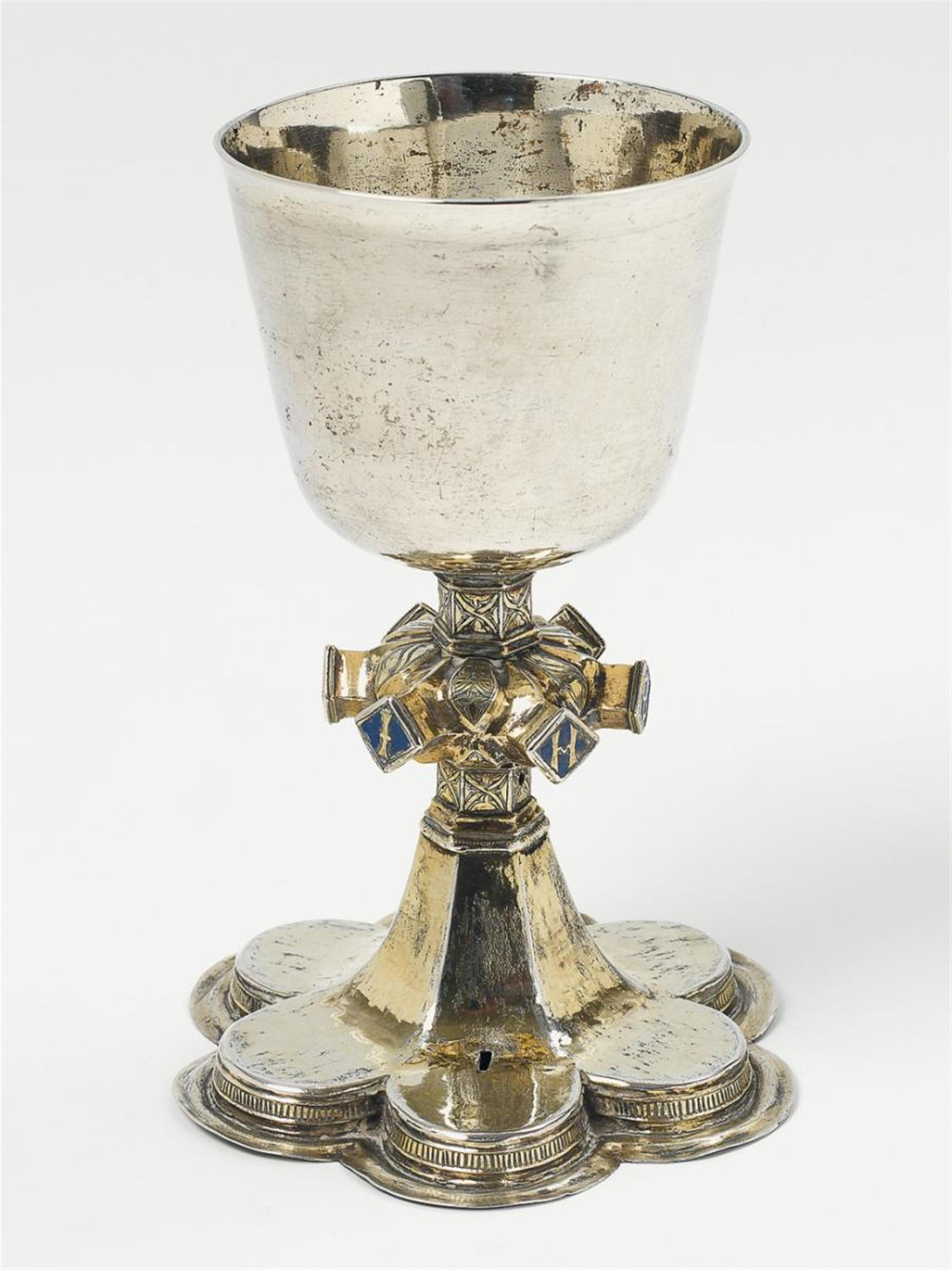 A late gothic silver partially gilt communion chalice. Unmarked, probably North Germany, 2nd half 15th C, the cup 17th C. - image-1