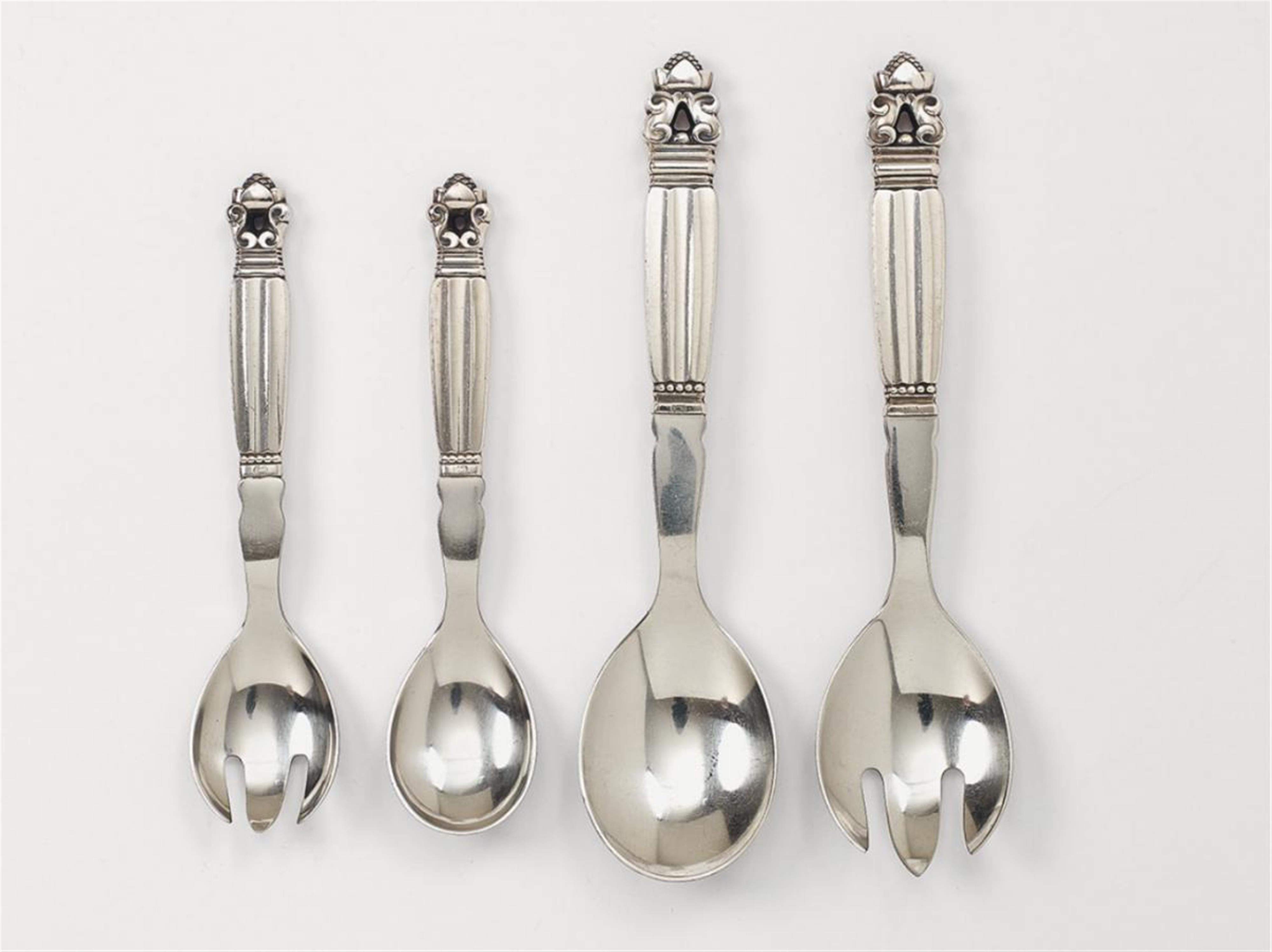 Two Copenhagen silver acorn pattern salad cutleries no. 62. Design Johan Rohde 1915, made by Georg Jensen after 1945. - image-1