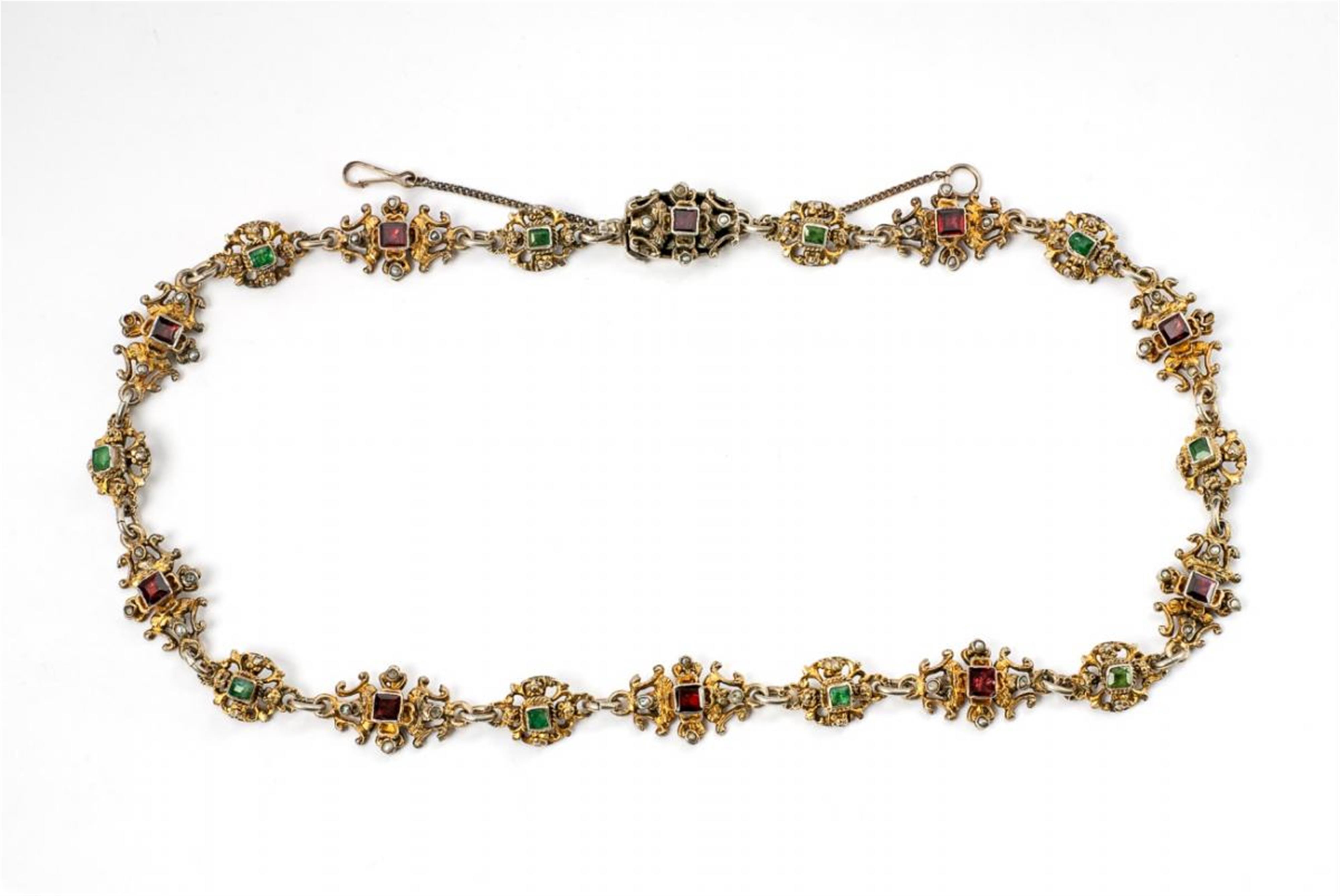 A Renaissance Style silver gilt, pearl and coloured stone necklace. - image-1