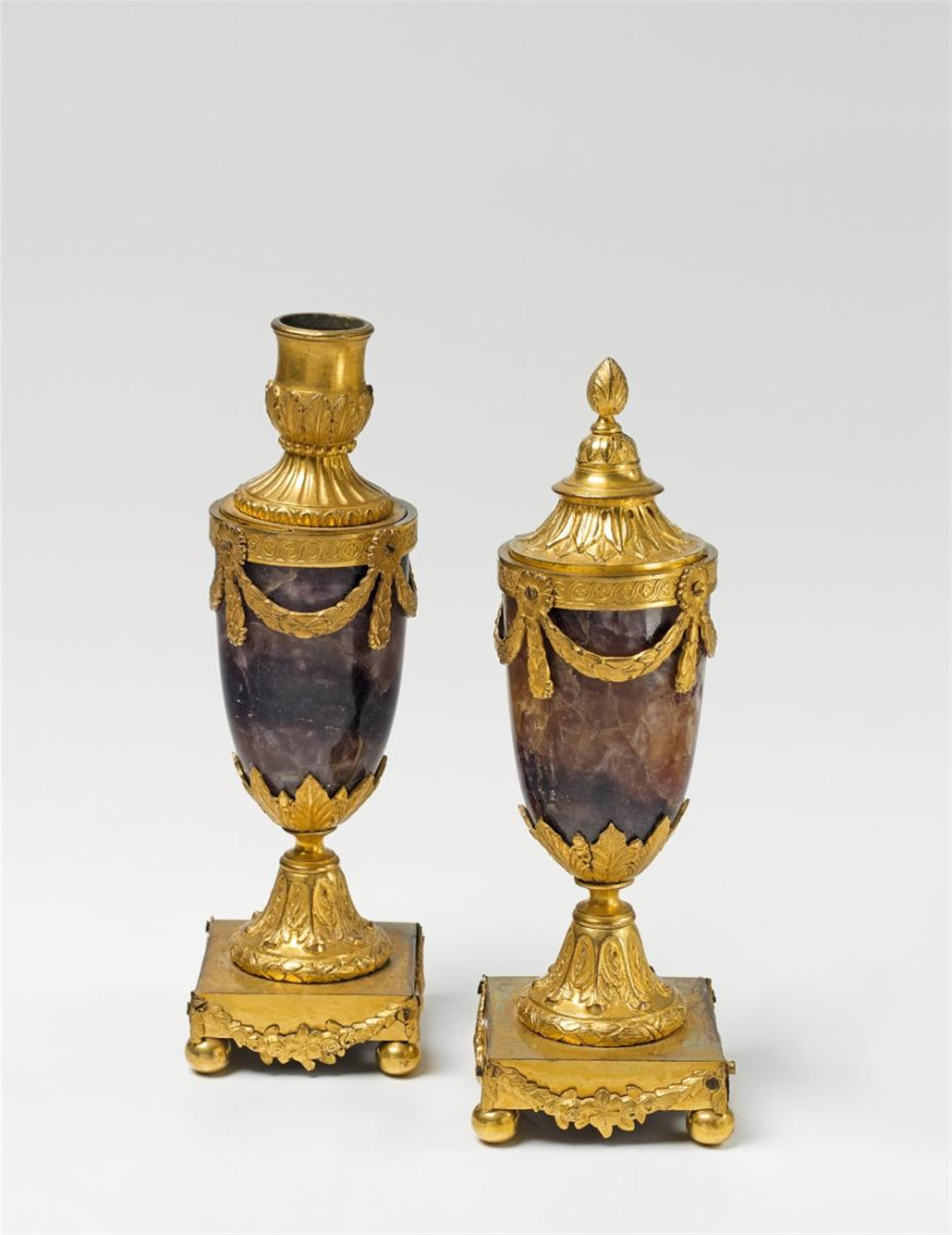 A pair of English fire-gilt bronze, copper and "blue John" cassolettes - image-1