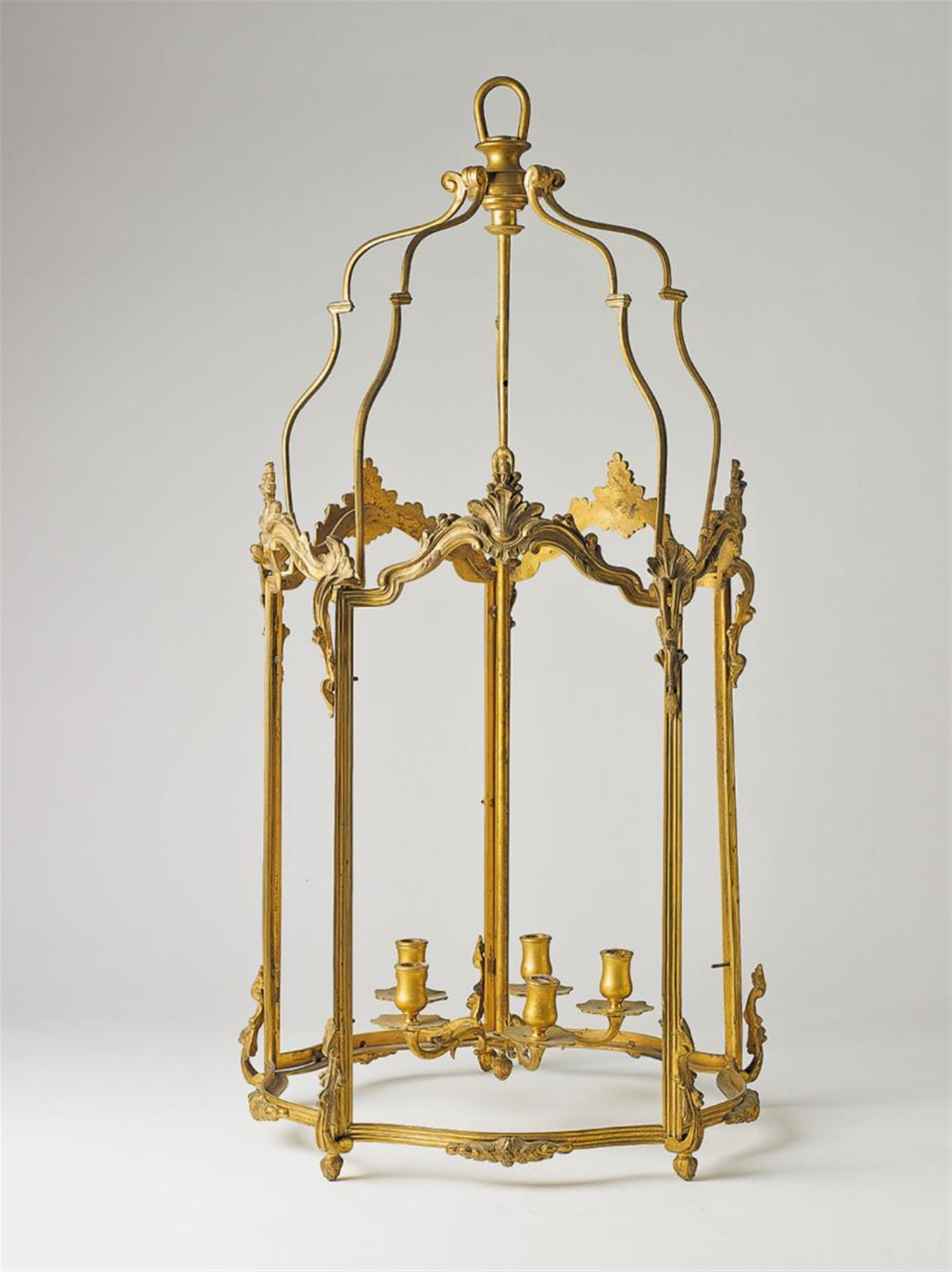 A large French fire-gilt bronze lantern-form five-flame chandelier - image-1