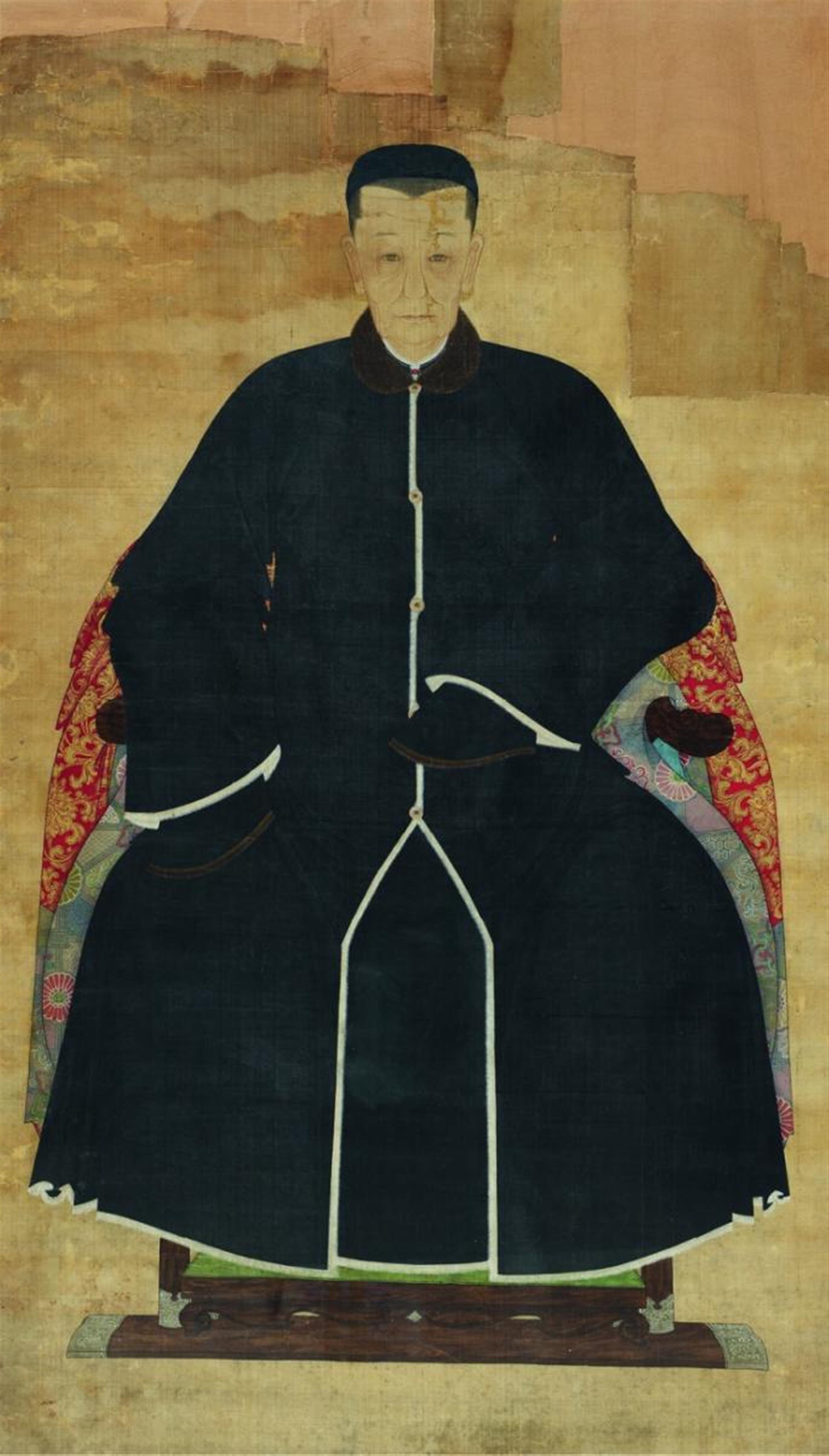 and Anonymous, 19th century - An ancestor portrait of a man wearing a black coat with shou medallions, a fur collar and hoof-shaped sleeve borders and sitting on a folding chair, covered by a brocade cloth. - image-1