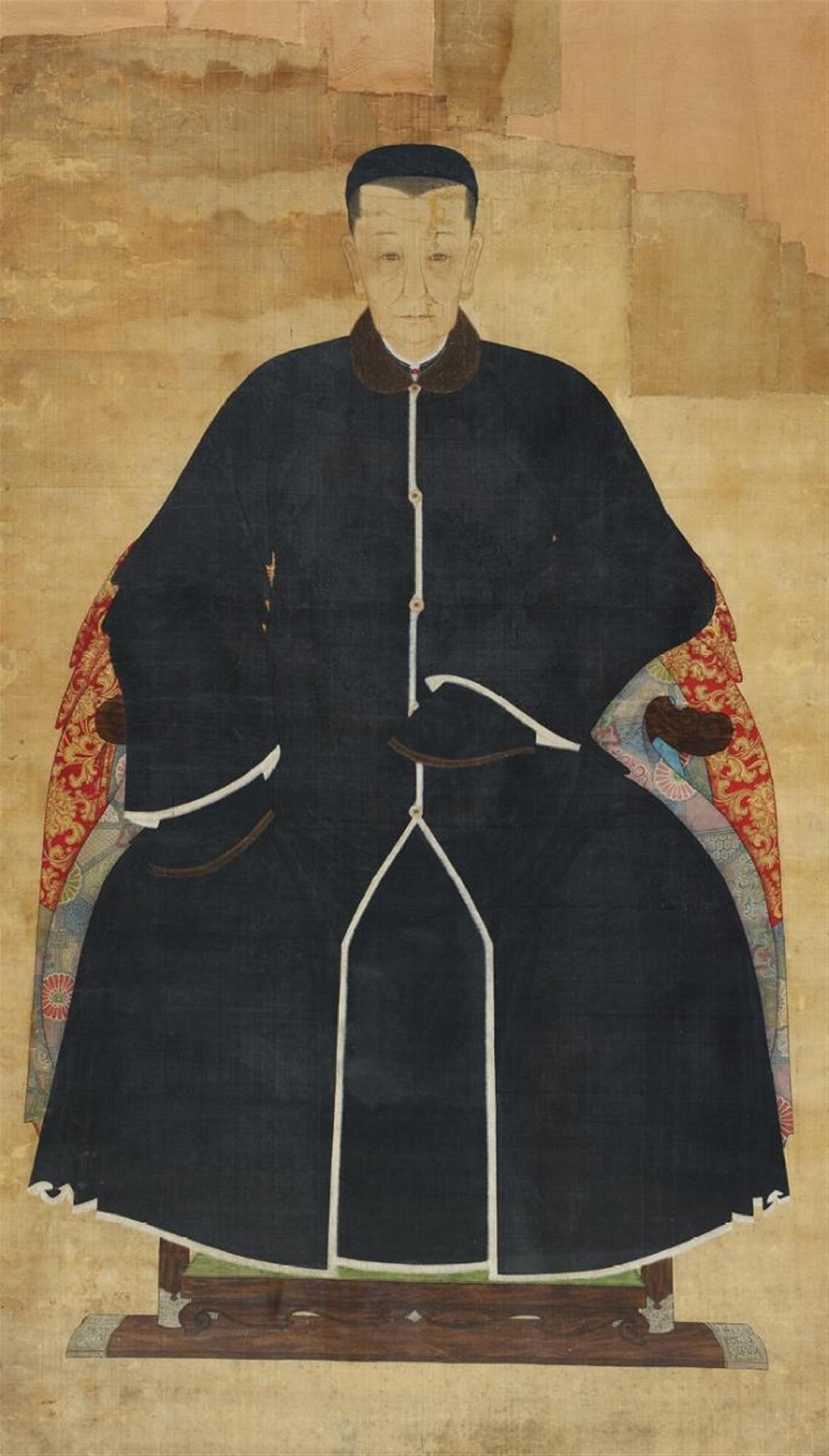 and Anonymous, 19th century - An ancestor portrait of a man wearing a black coat with shou medallions, a fur collar and hoof-shaped sleeve borders and sitting on a folding chair, covered by a brocade cloth. - image-2