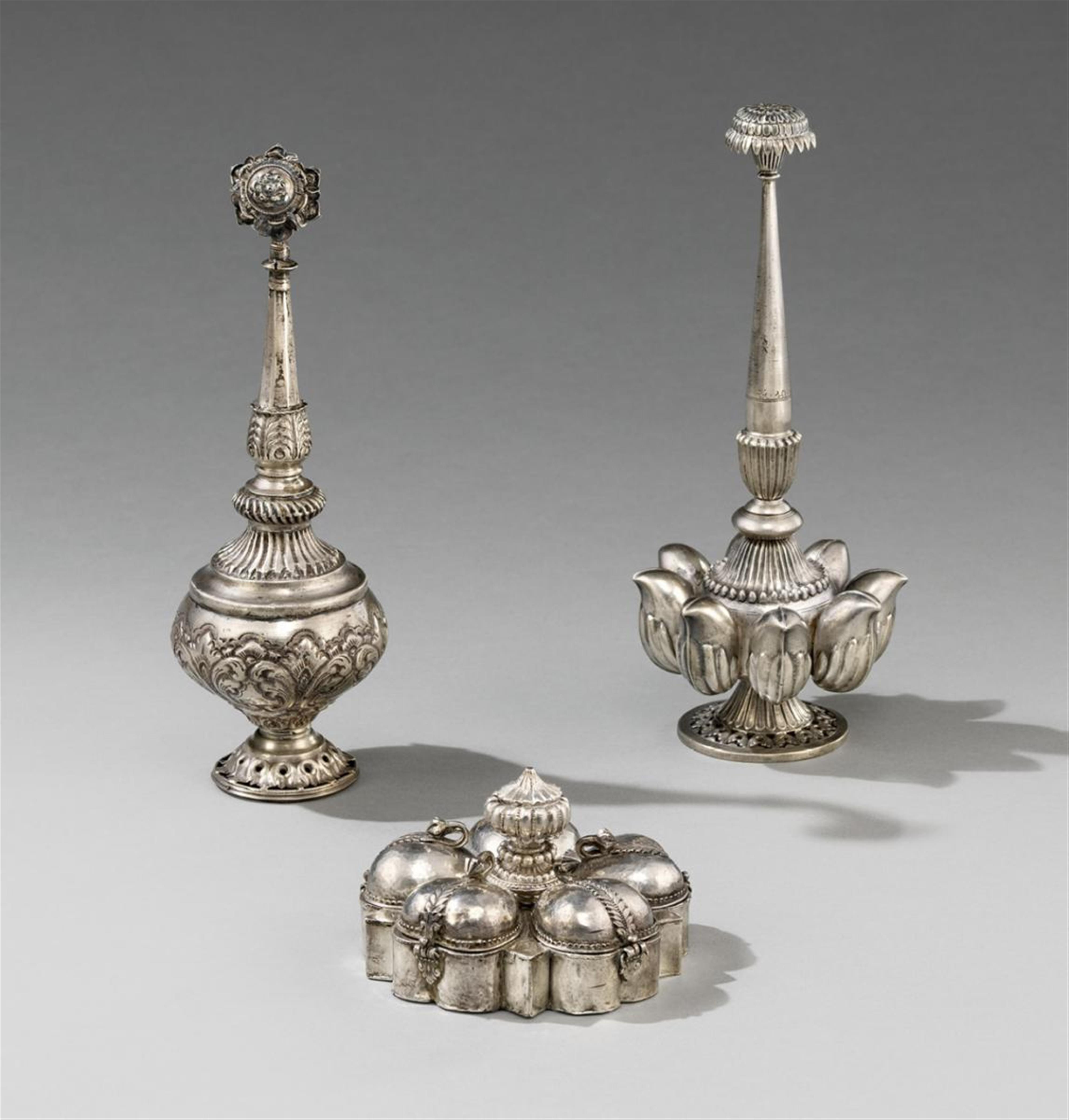 Two silver rose water sprinklers and a silver cosmetic container. 19th/20th century - image-1