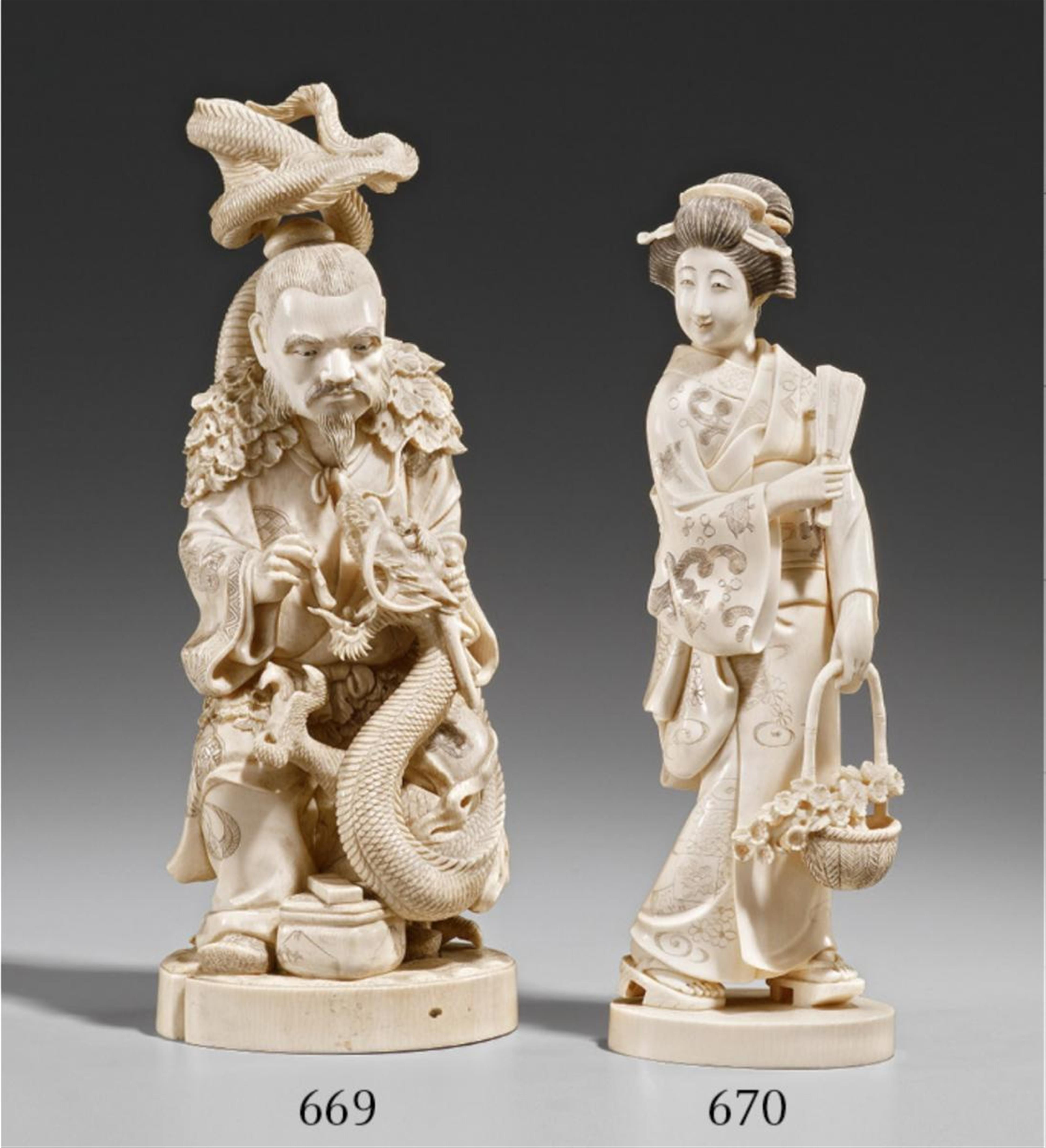 An ivory okimono of Sennin Bashikô with a dragon. Late 19th century - image-1