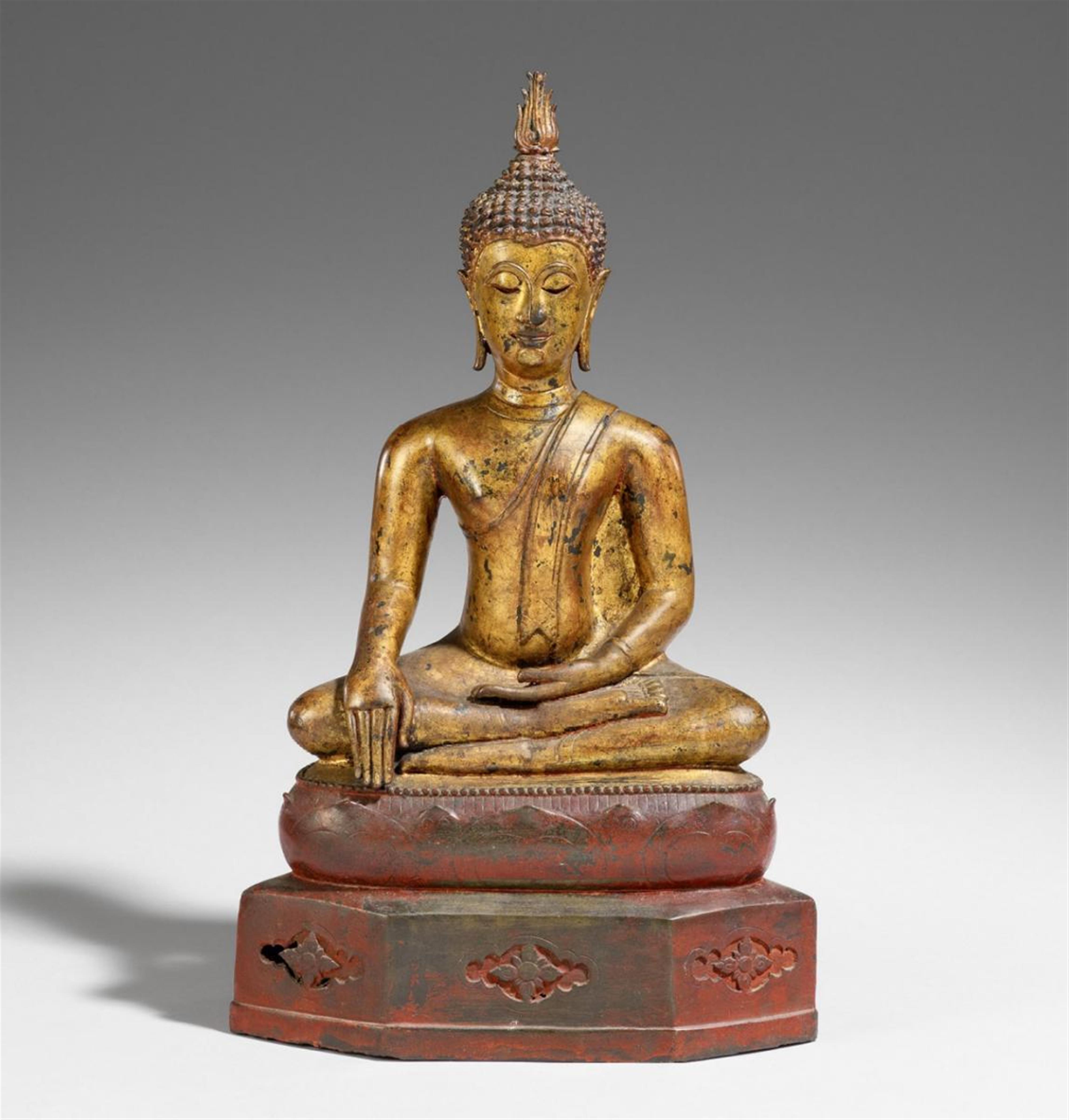 An Ayutthaya gilded bronze figure of Buddha maravijaya. 16th century or later - image-1