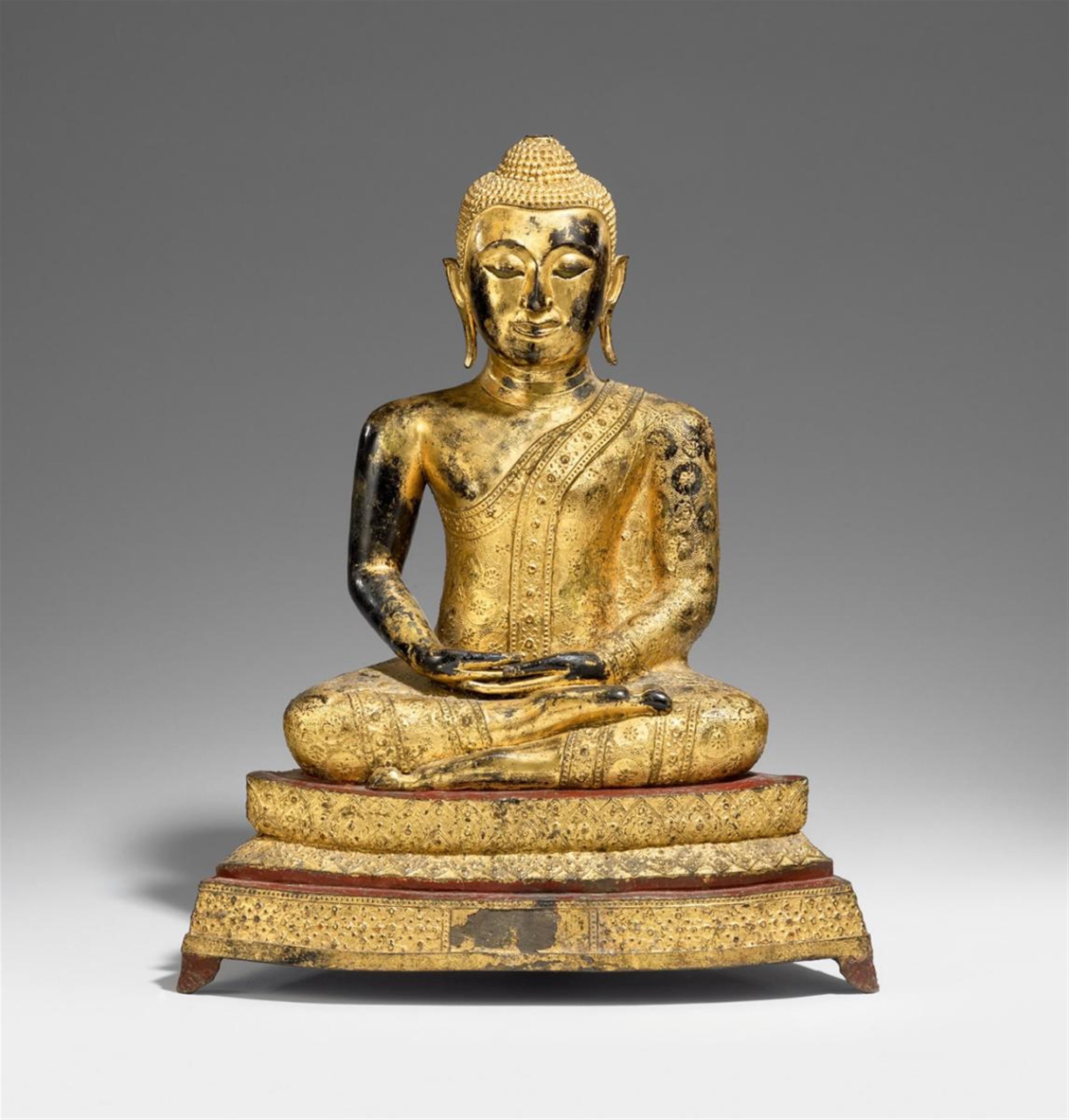 A Ratanakosin lacquered and gilded bronze figure of a Buddha. 19th century - image-1