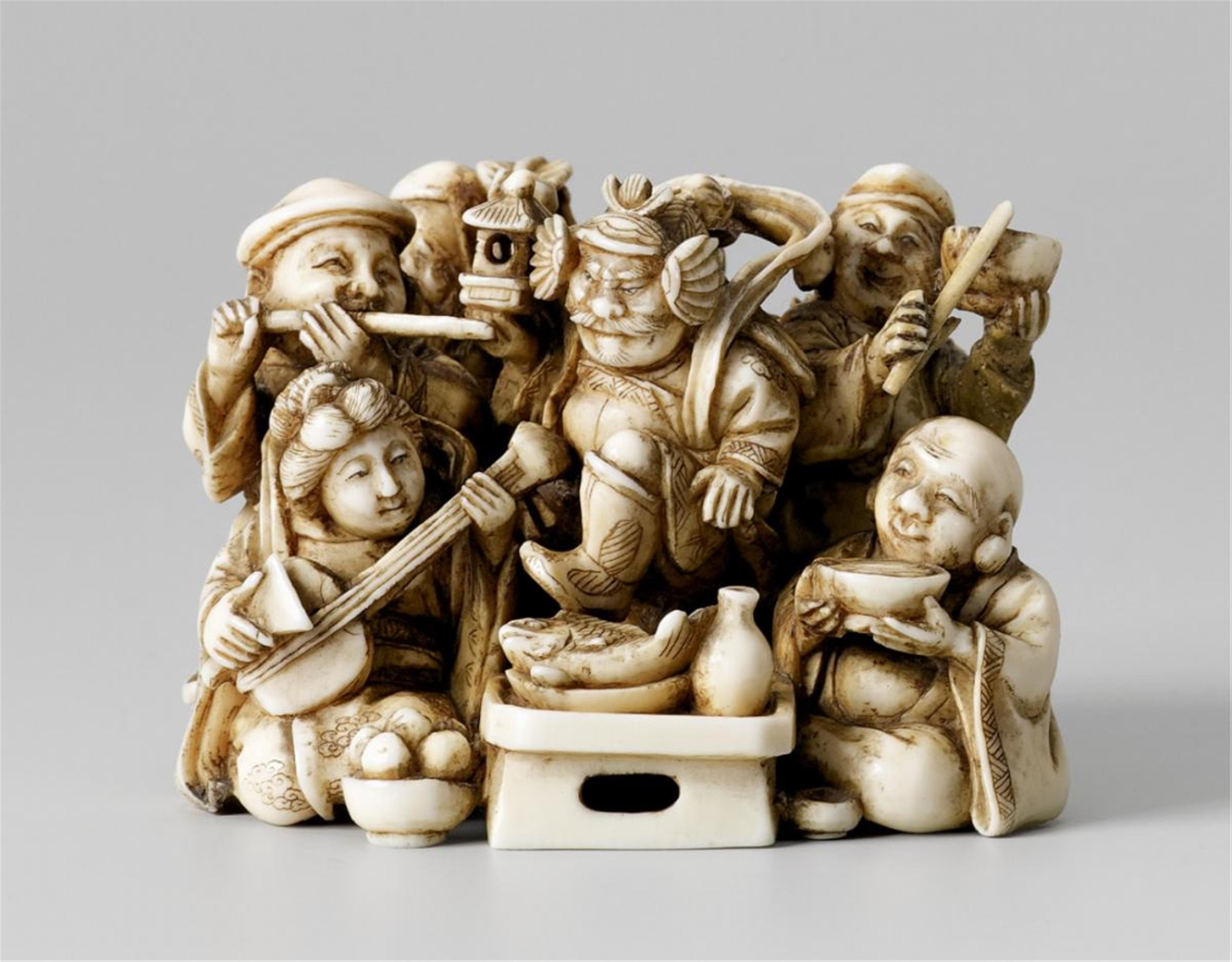 An ivory okimono of the Seven Gods of Good Luck, by Minjô. Late 19th century - image-1