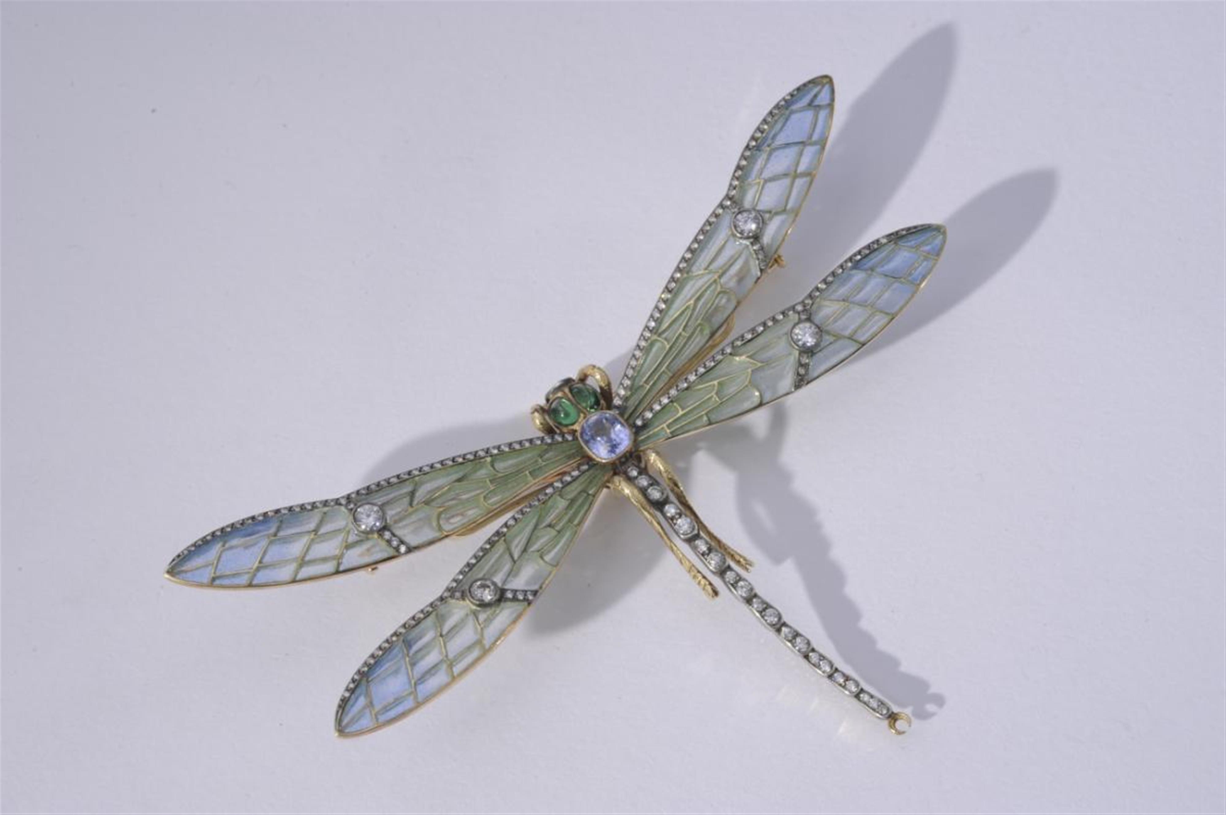 An 18k gold and enamel Art Nouveau brooch designed as a dragonfly. - image-1
