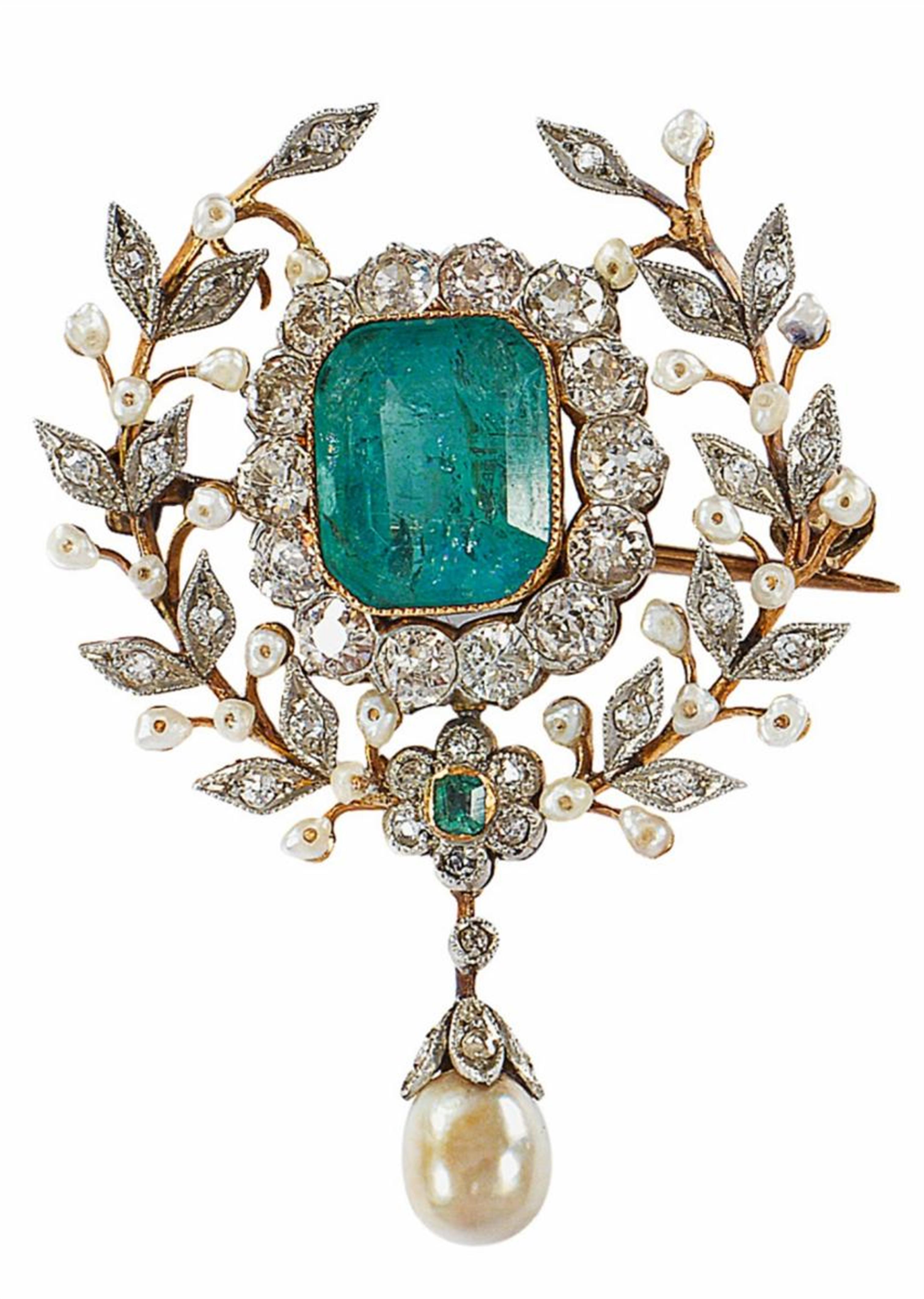 A 14k gold and emerald Belle Epoque brooch - image-1