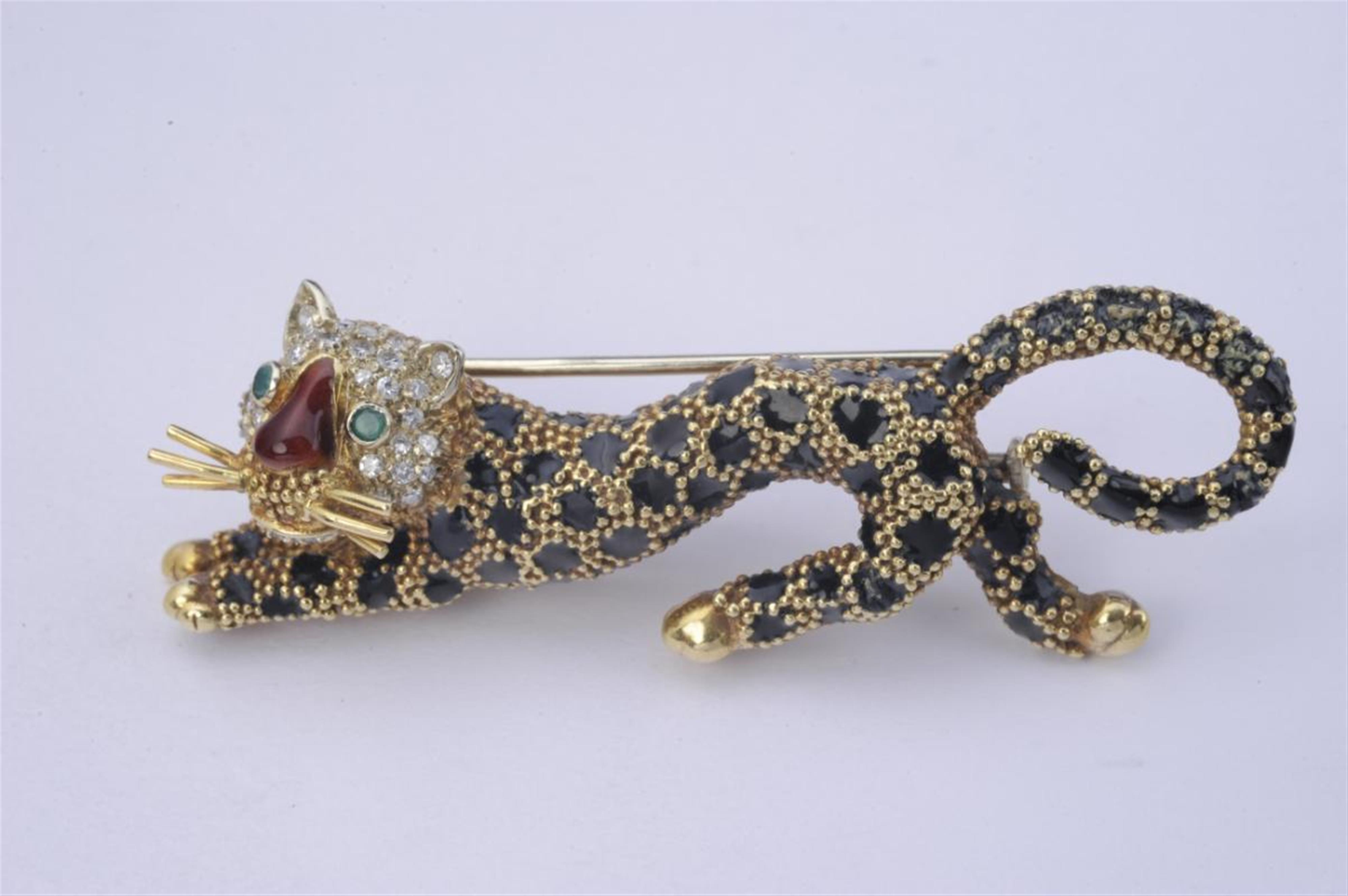 An 18k gold enamelled brooch formed as a panther. - image-1