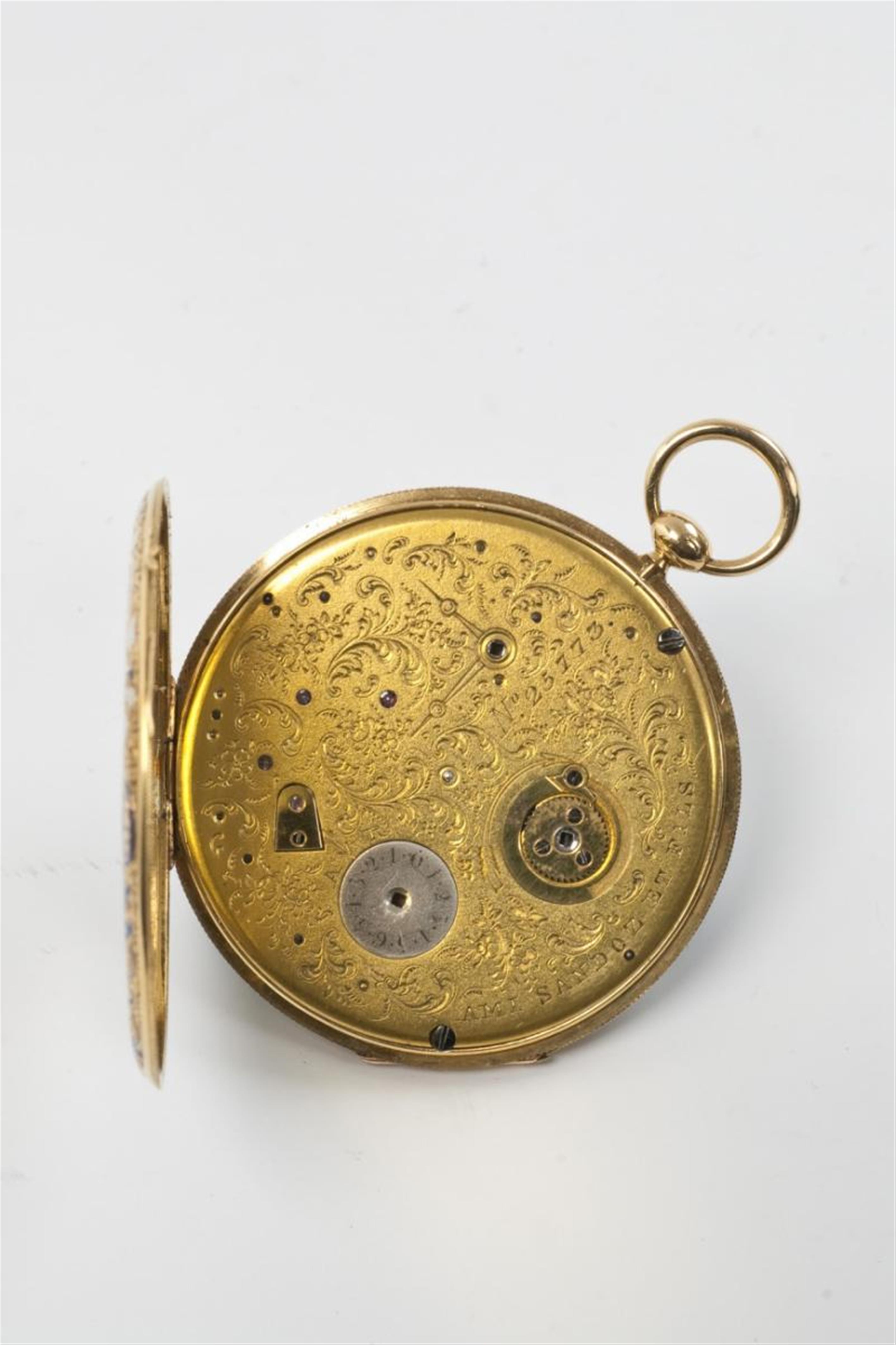 A Swiss openface 18k gold enamel tailcoat watch with a depiction of a siren. - image-3