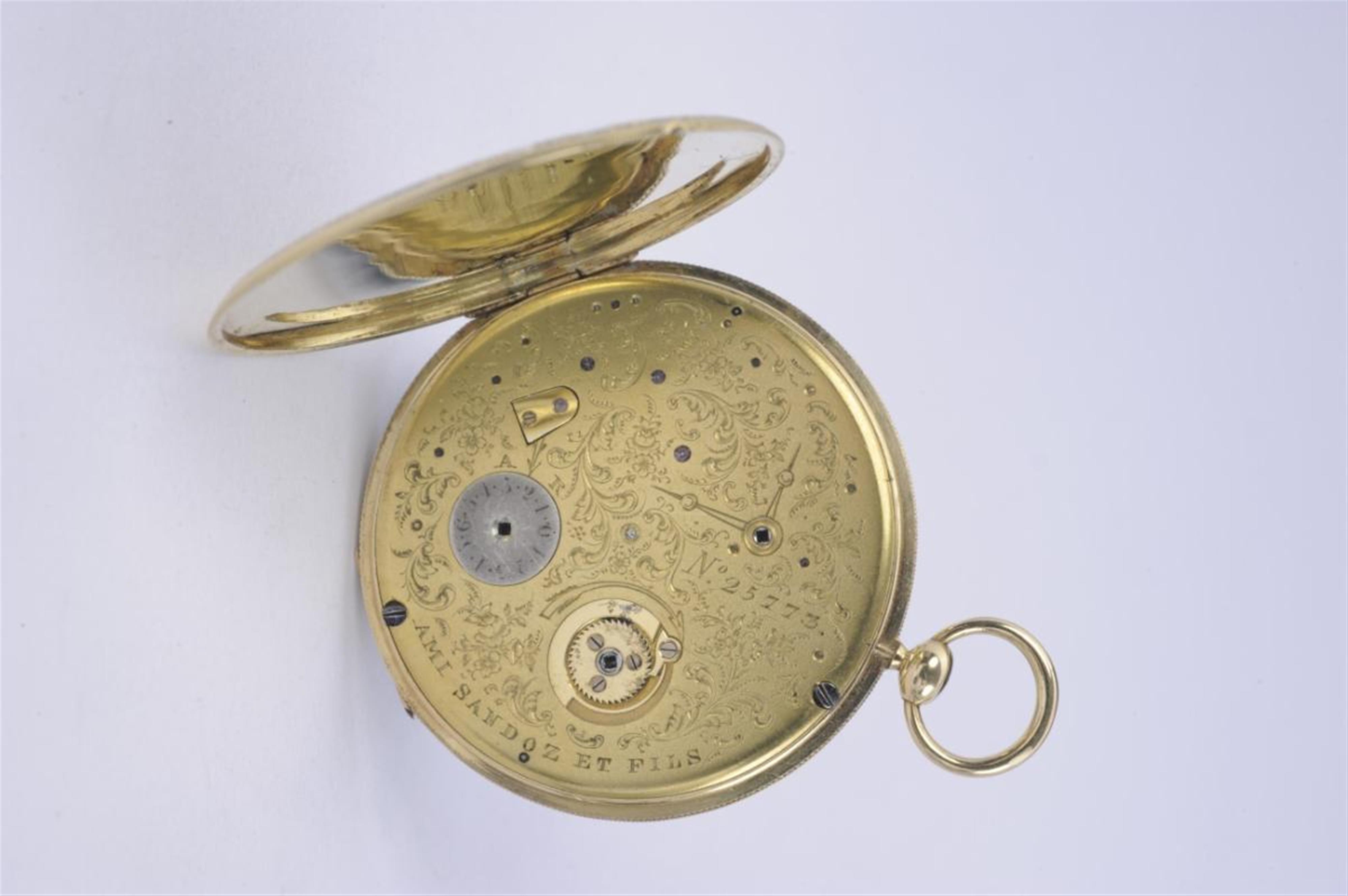 A Swiss openface 18k gold enamel tailcoat watch with a depiction of a siren. - image-5