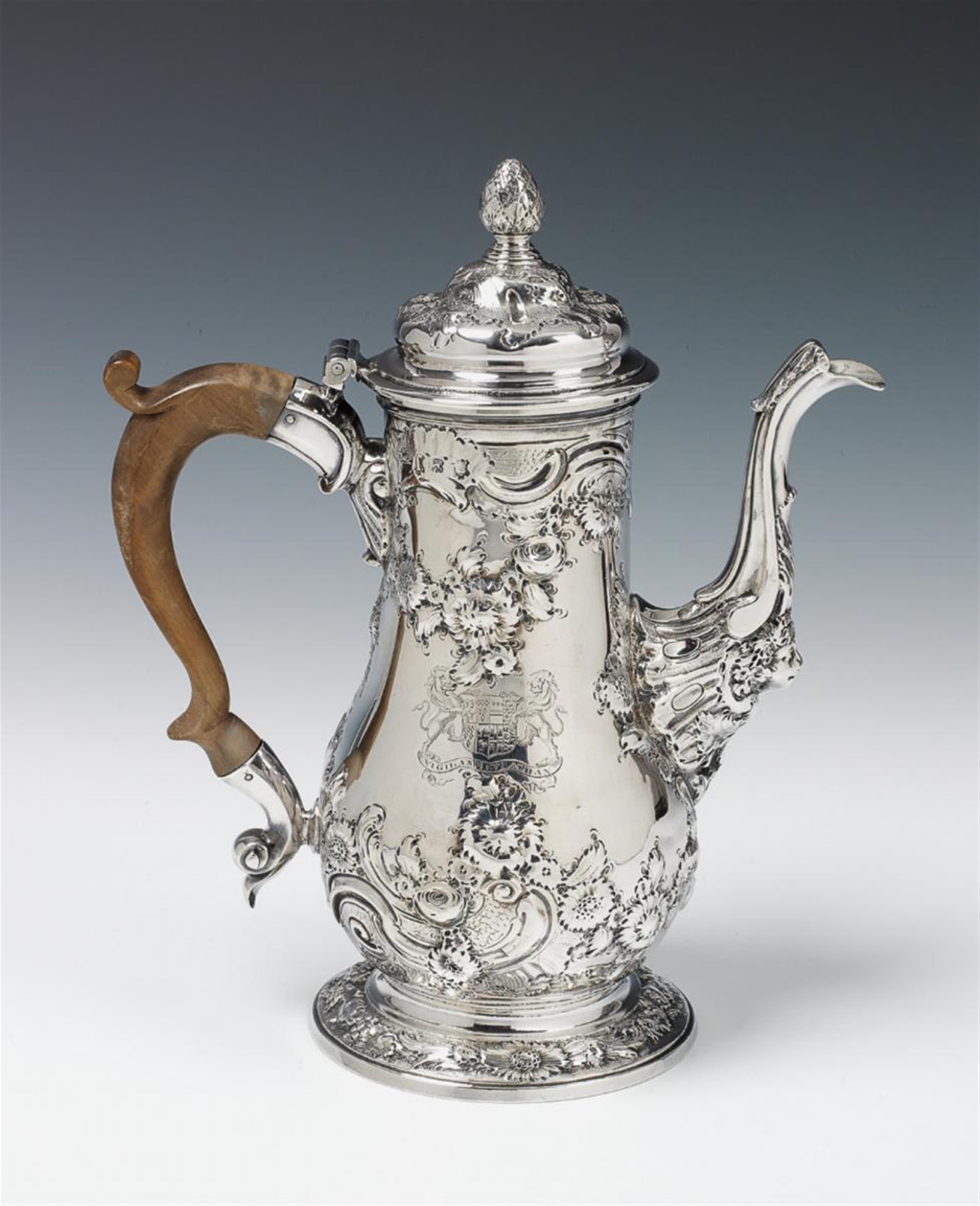 A George II London silver coffee pot. Engraved with the arms and device of the Cockburn family. Marks of Benjamin Gignac, 1753. - image-1