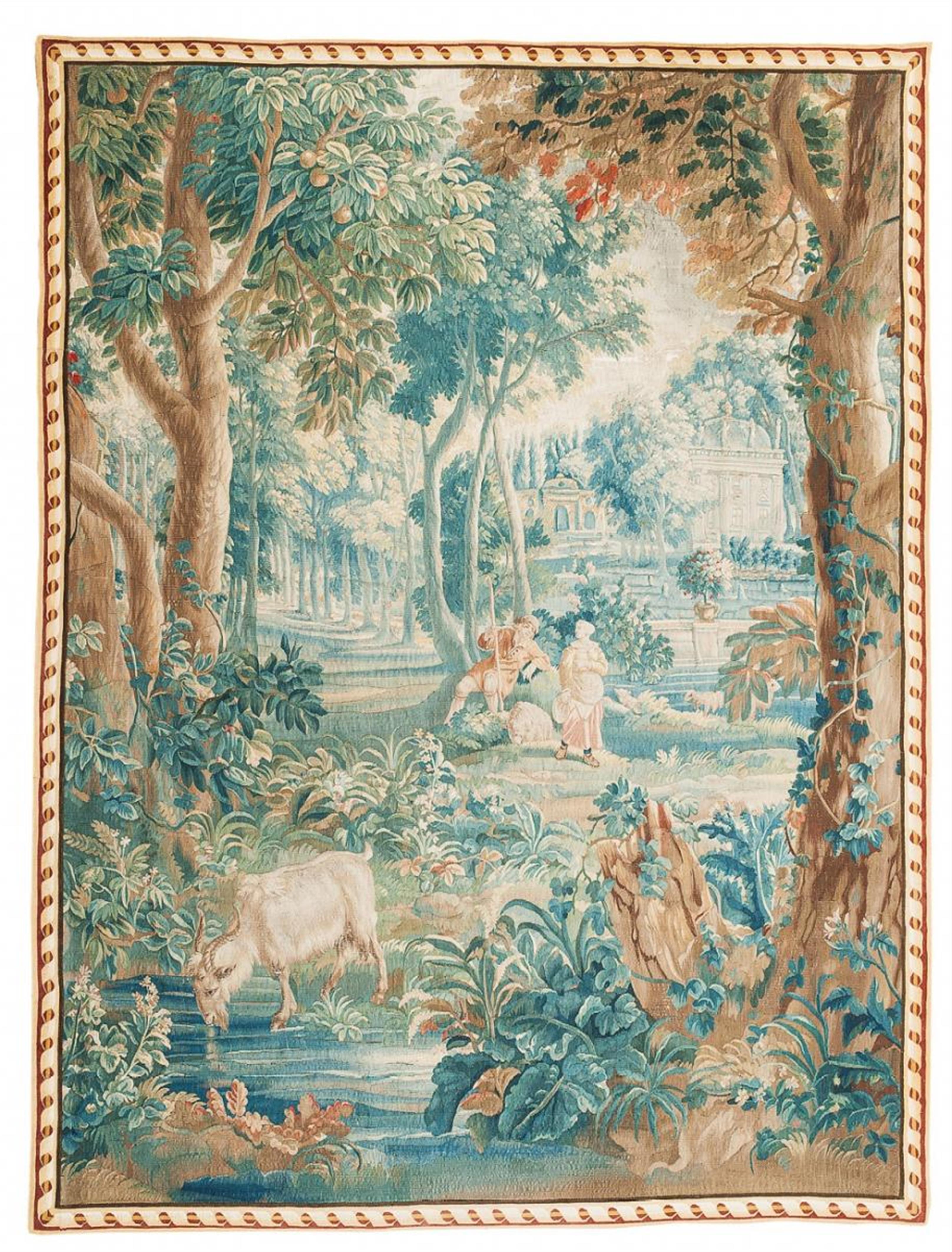 A Flemish linen-backed silk and wool tapestry depicting a pastoral scene. - image-1