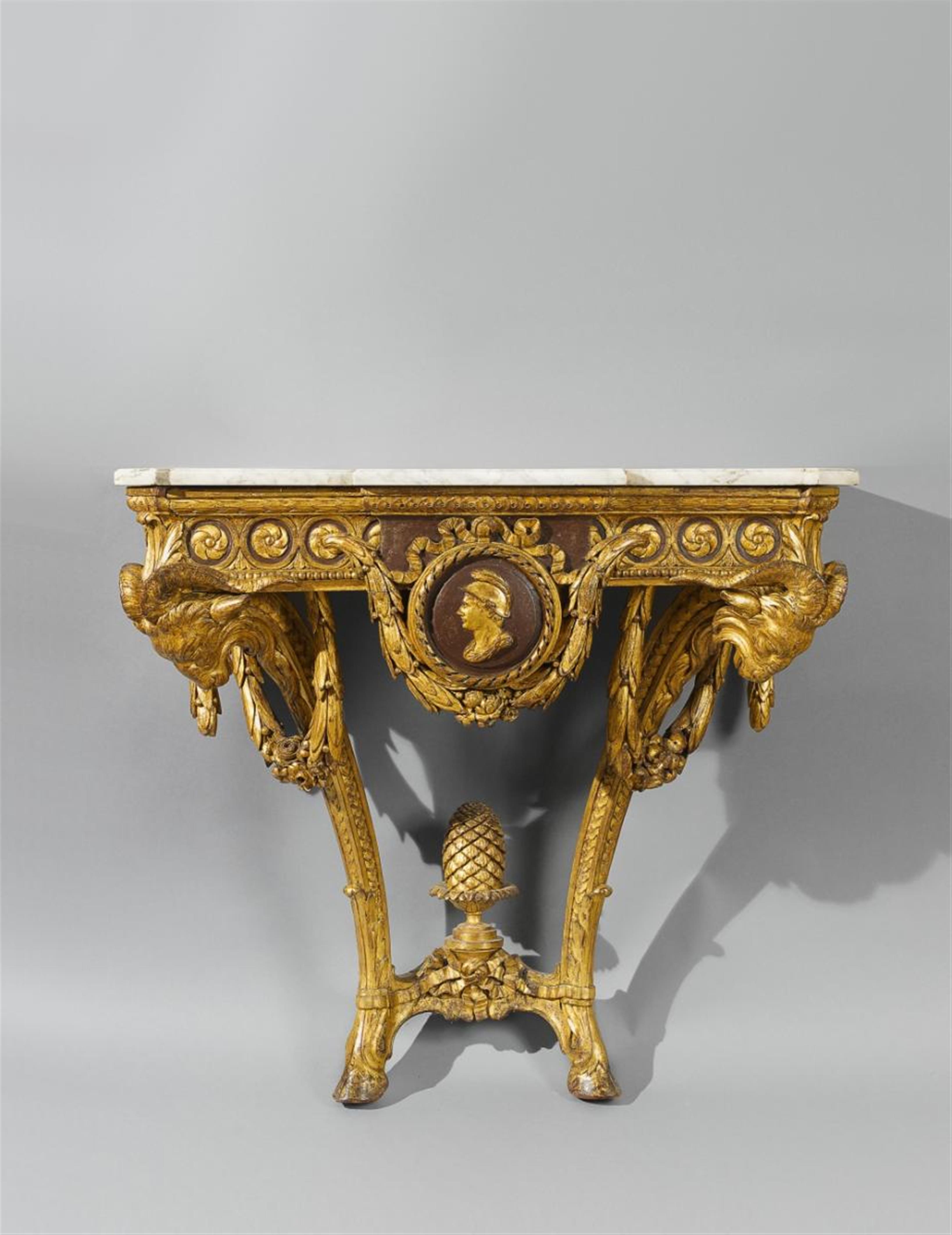 A South German Neoclassical carved and gilded softwood console table with a white marble top. - image-1