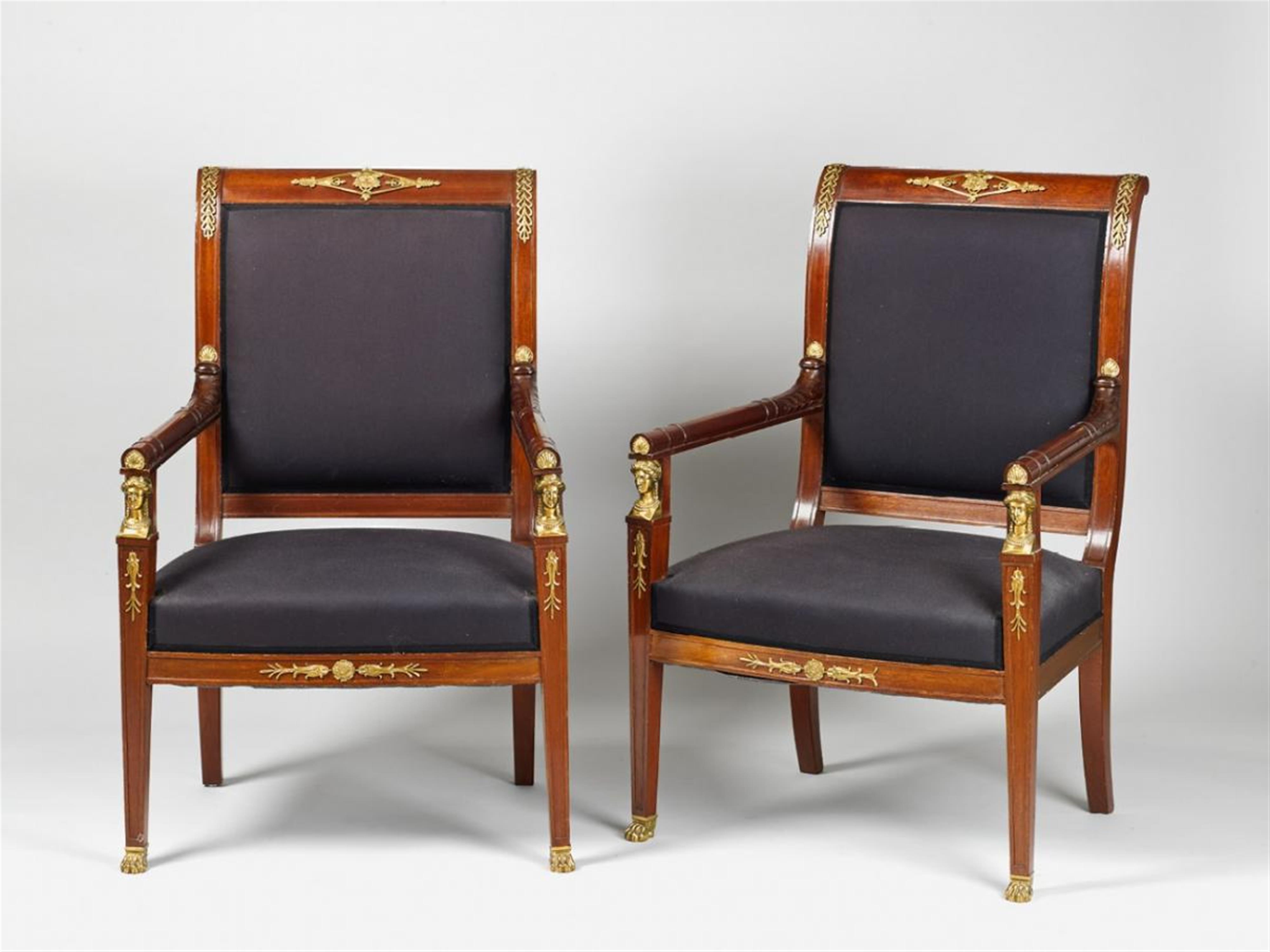 A pair of French Empire style ormolu-mounted mahogany armchairs. - image-2