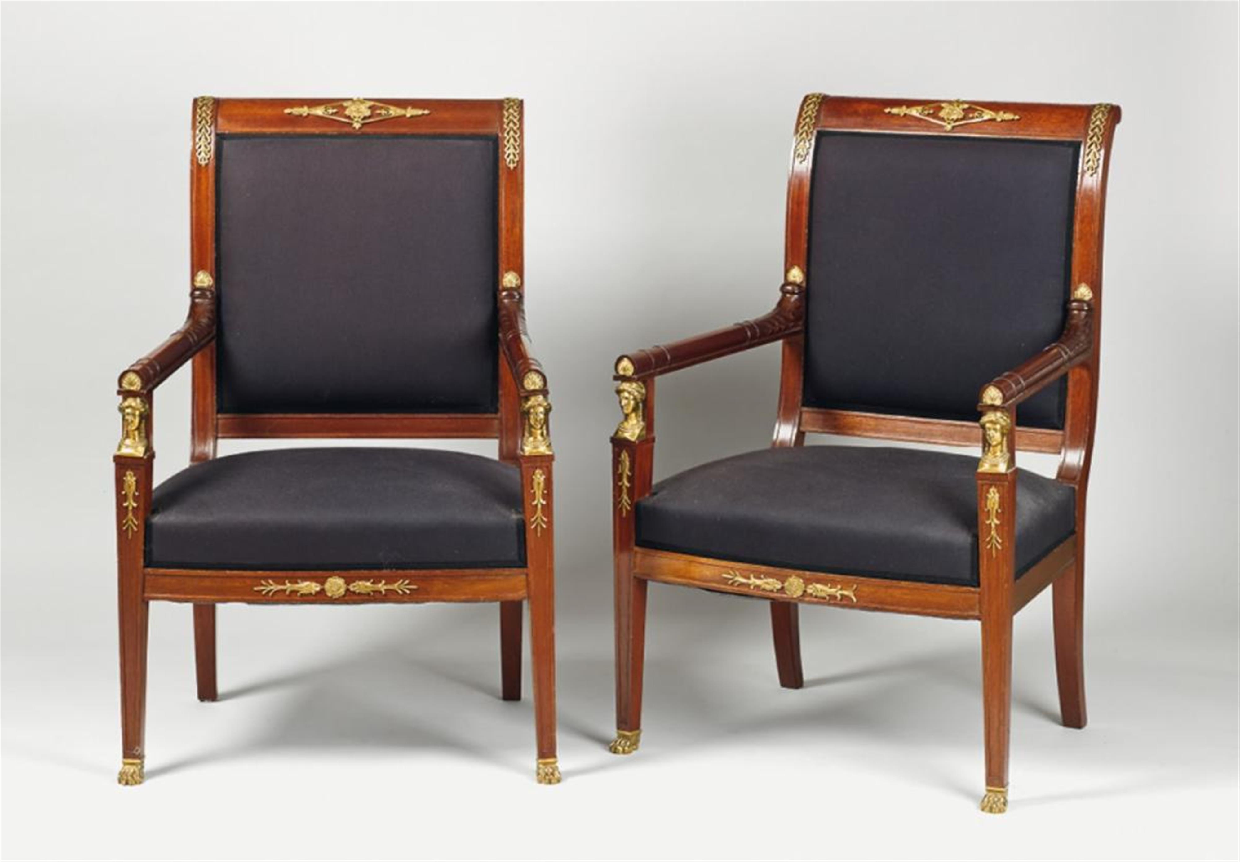 A pair of French Empire style ormolu-mounted mahogany armchairs. - image-1