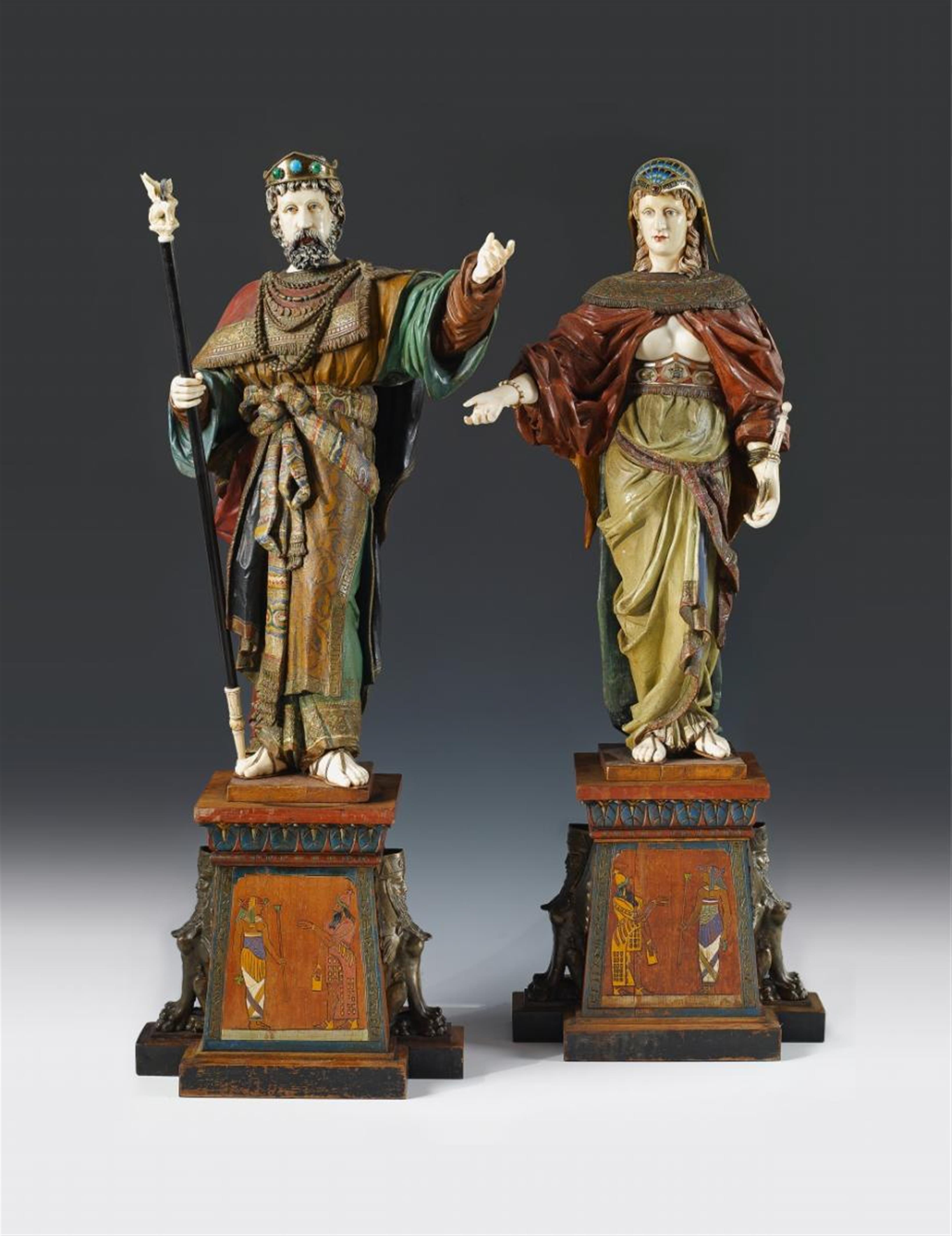 Two large, rare sculptures of Ptolemy I Soter and Cleopatra on ornamental trapezoid bases. - image-1