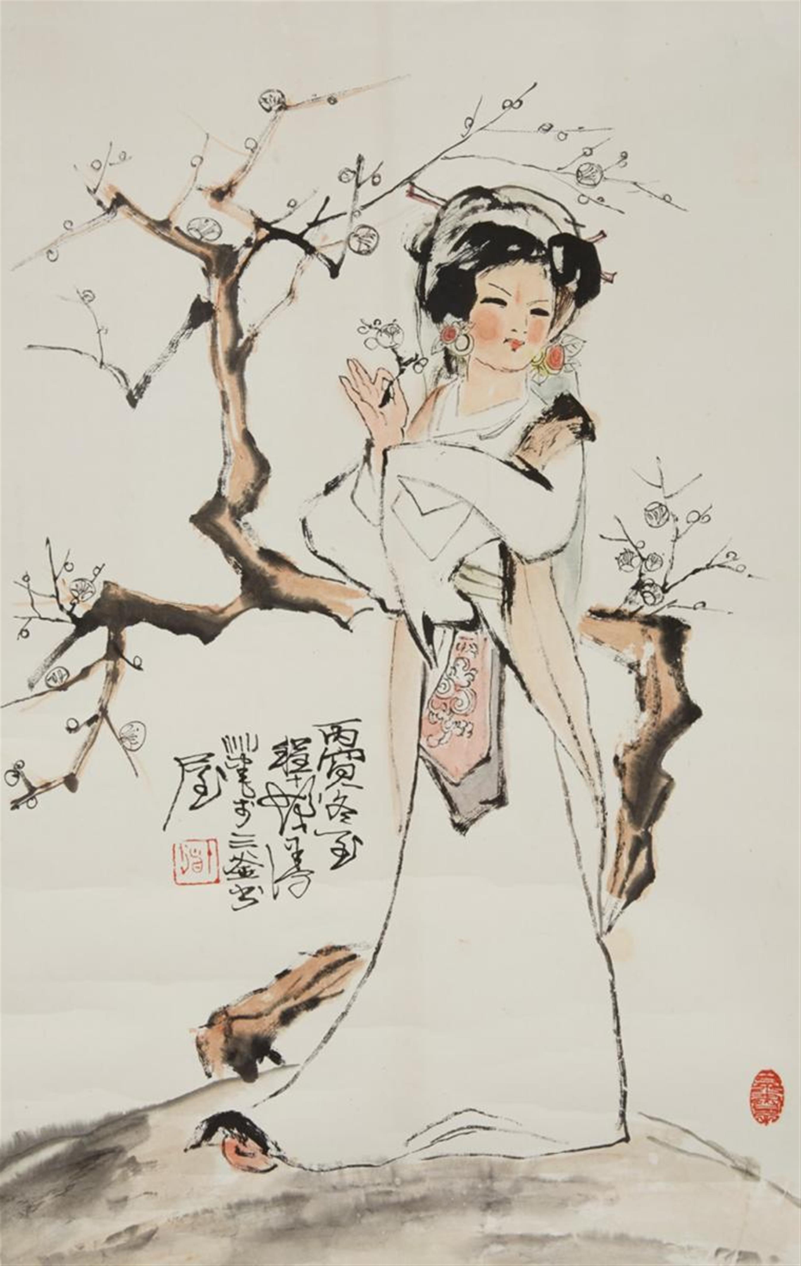 Cheng Shifa, in the manner of - Palace lady under a plum blossom branch. Ink and colours on paper. Cyclically dated bingyin, inscribed Cheng Shifa and sealed Shifa. - image-1