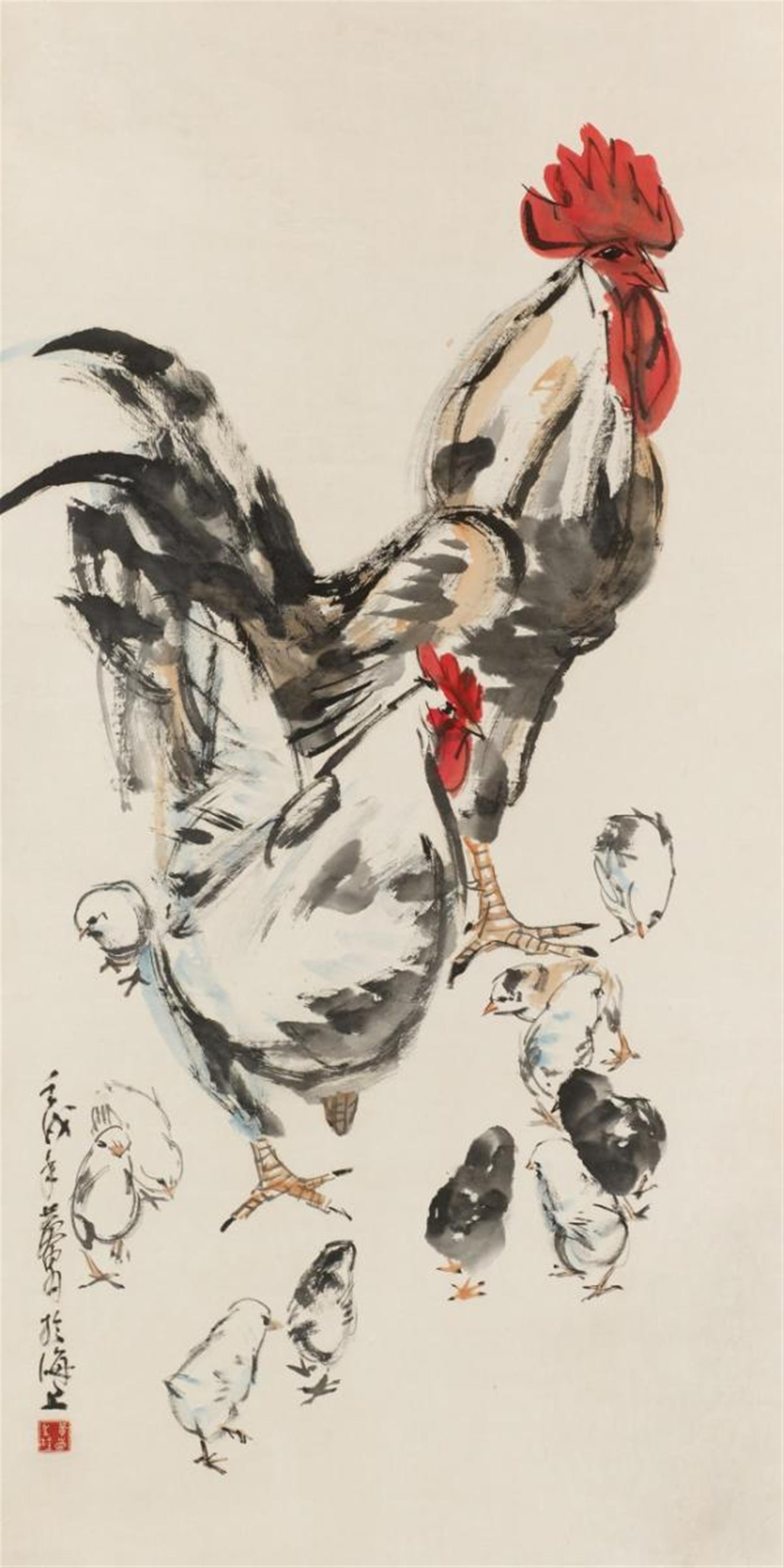 Huang Zhou, in the manner of - Rooster, hen and chicks. Hanging scroll. Ink and colours on paper. Inscribed Huang Zhou and sealed Huang Zhou zhi yin. - image-1
