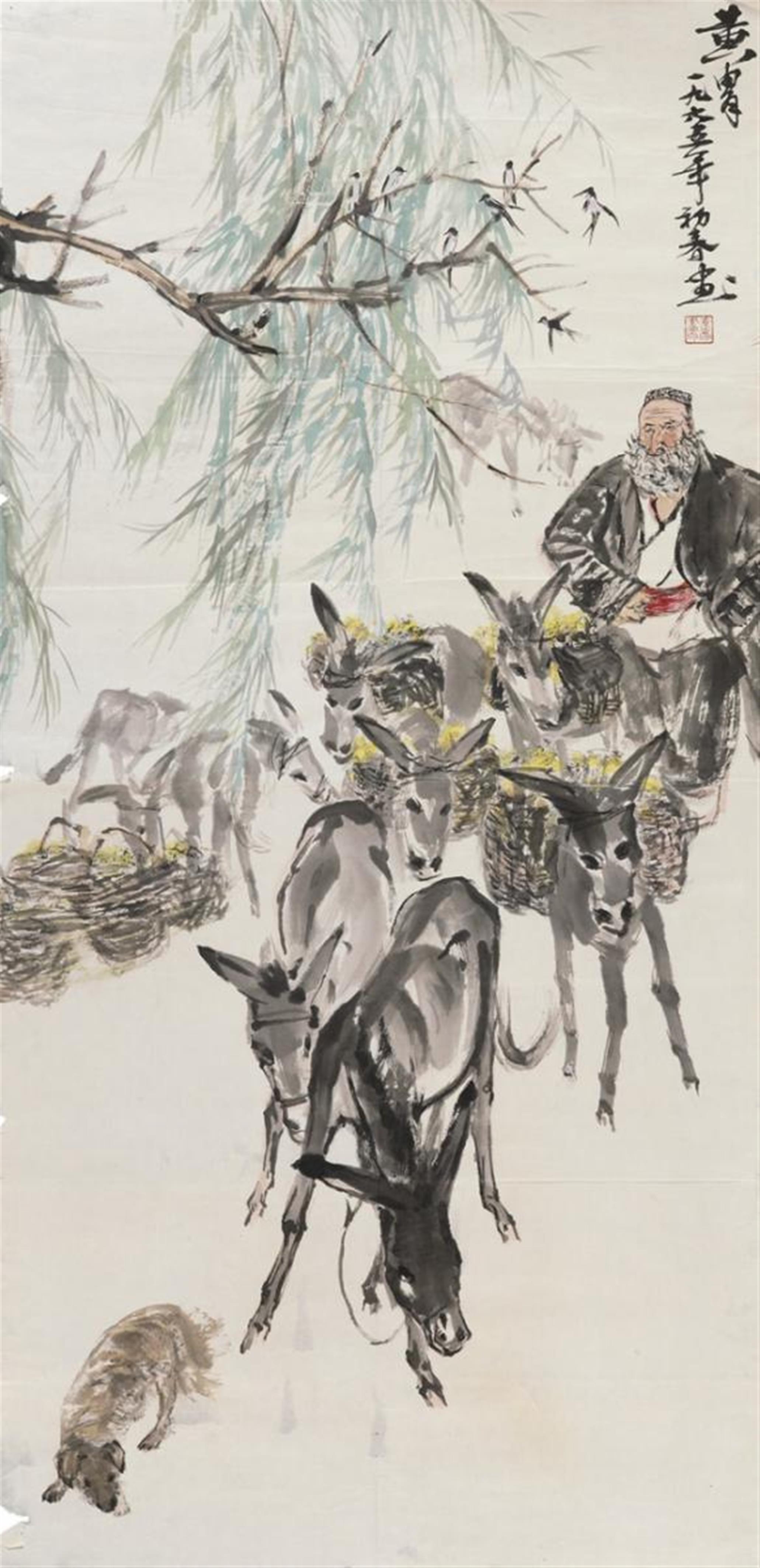 Huang Zhou, in the manner of - Old man with donkeys. Unmounted. Ink and colours on paper. Dated 1965, inscribed Huang Zhou and sealed Huang Zhou hua yin. - image-1
