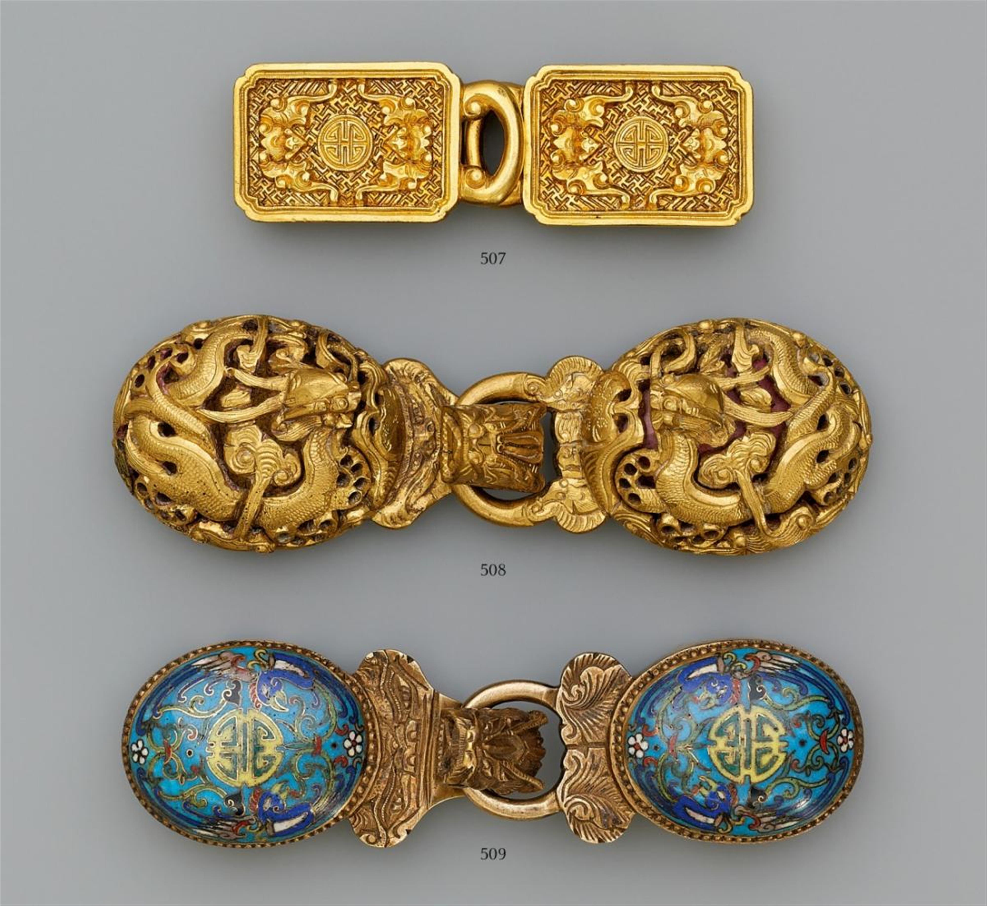 A cloisonné and bronze twin-section belt buckle. Late 19th century - image-1