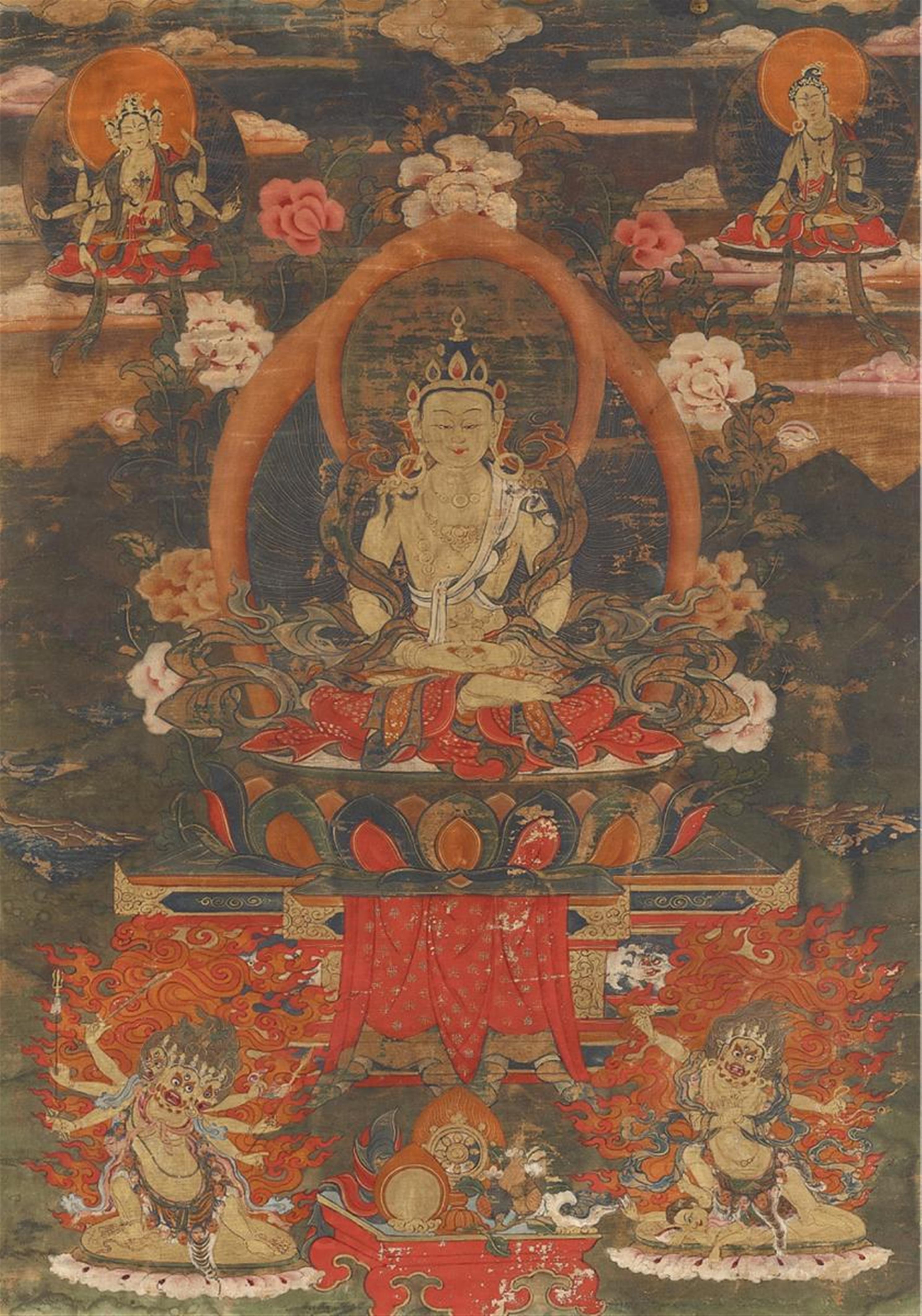 A Tibetan thangka of Amitayus. Gouache and gold paint on cloth. 18th century - image-1