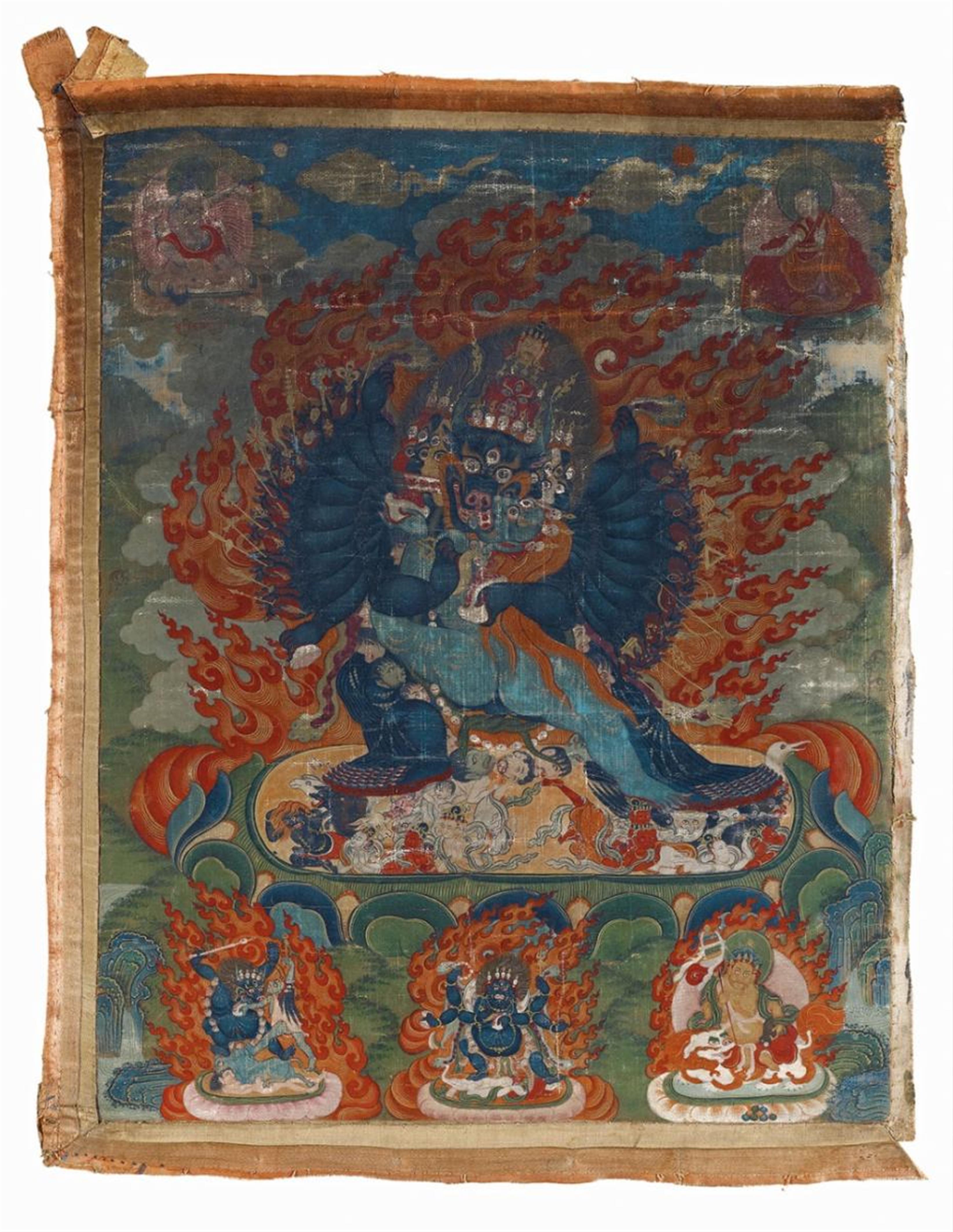 A Tibetan thangka of Vajrabhairava Yamantaka in yab yum. Gouache on cloth. 18th/19th century - image-2