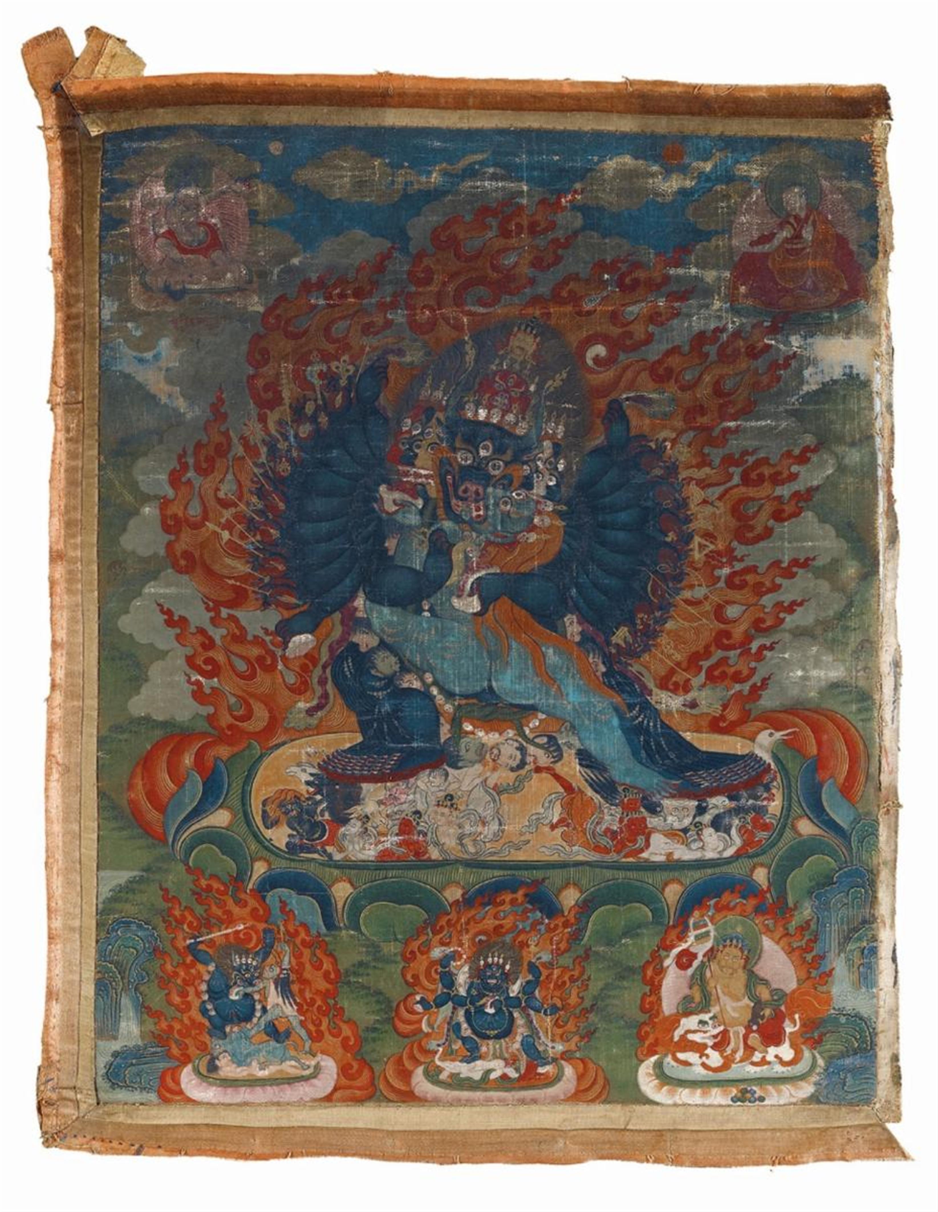 A Tibetan thangka of Vajrabhairava Yamantaka in yab yum. Gouache on cloth. 18th/19th century - image-1