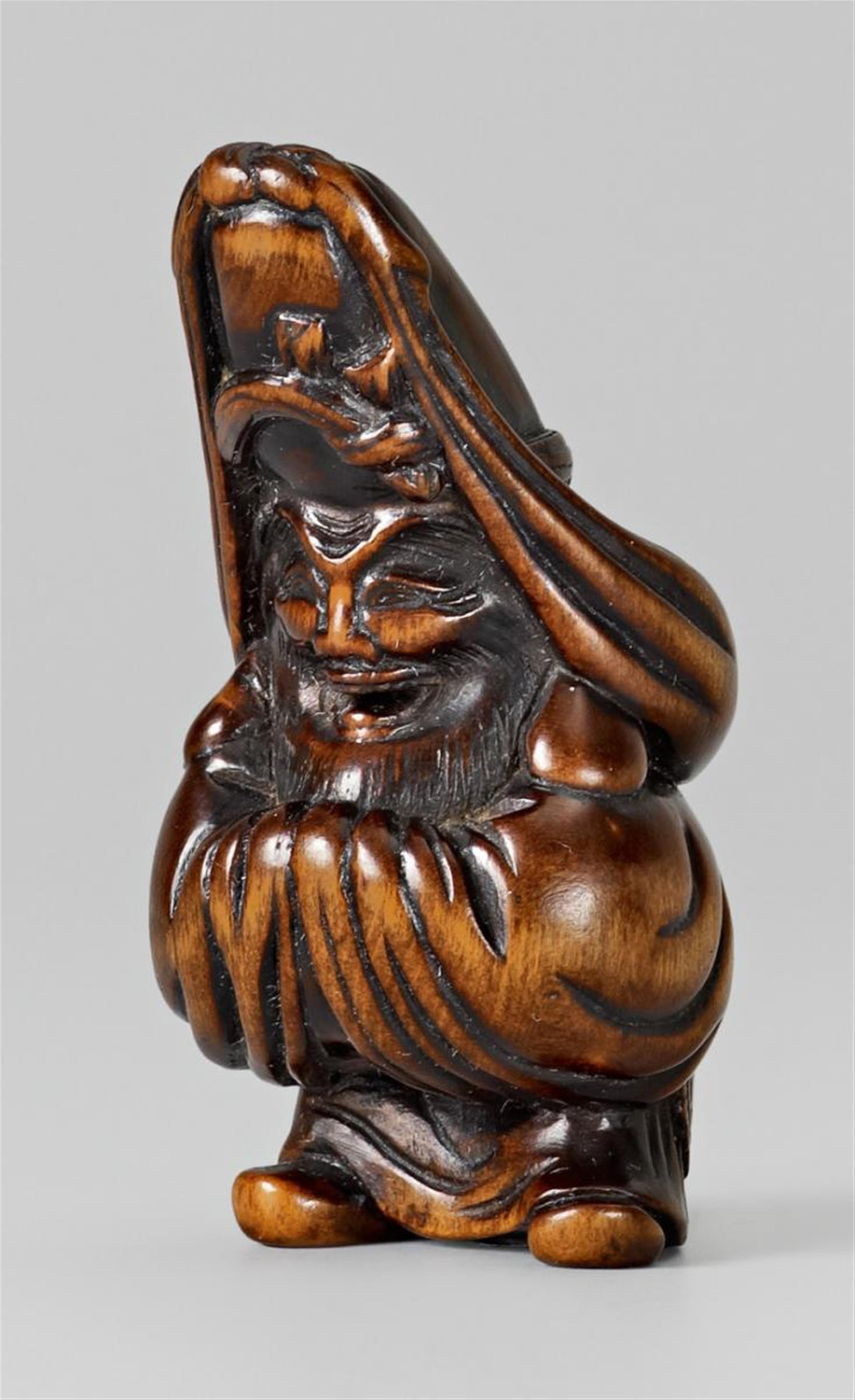 A very good Kyoto school boxwood netsuke of Fukurokuju, by Masatomo. Late 18th century - image-1