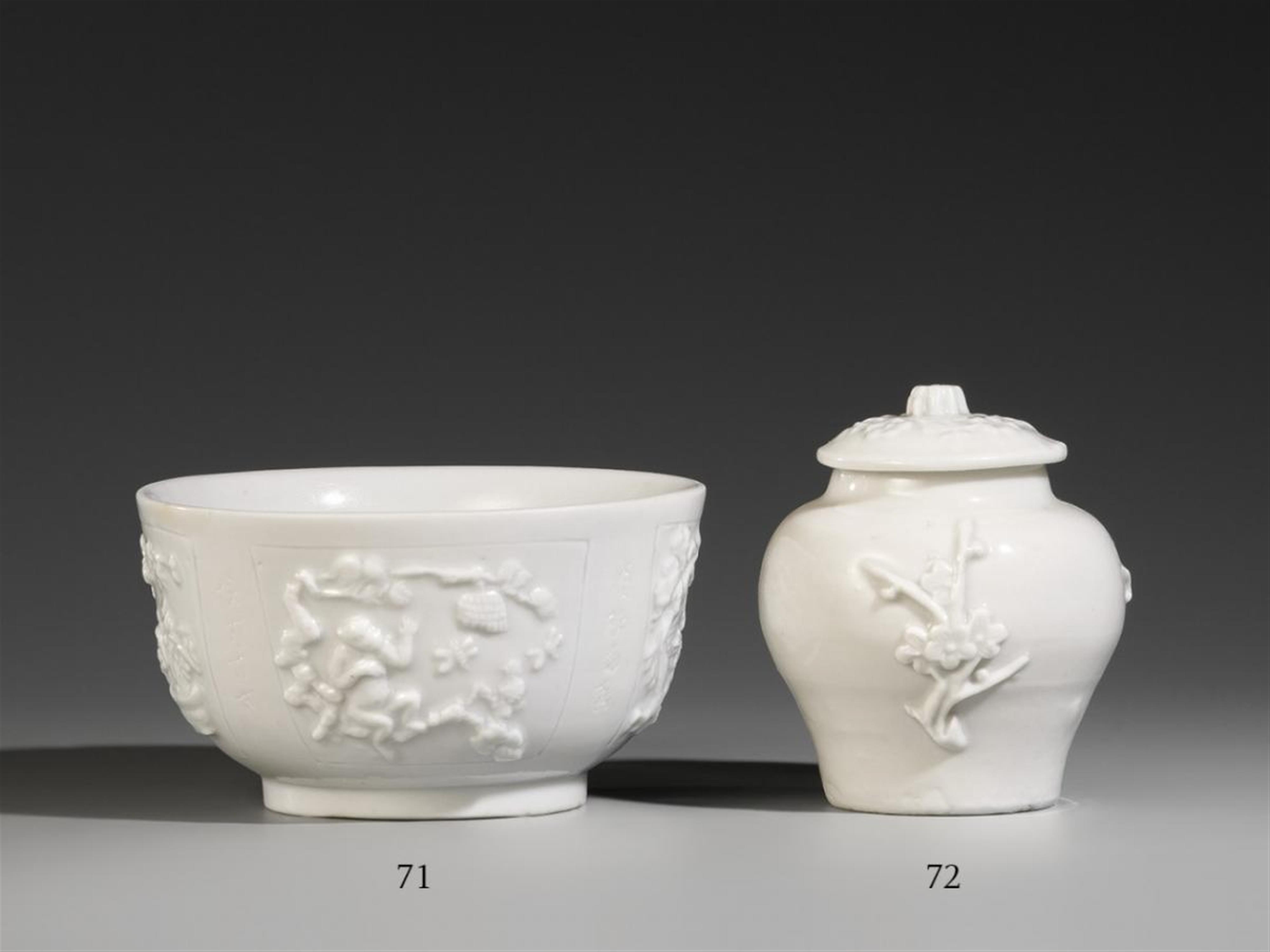 A blanc-de-Chine bowl with relief decoration. Mark to base Xi zi. Dehua. 18th century - image-1