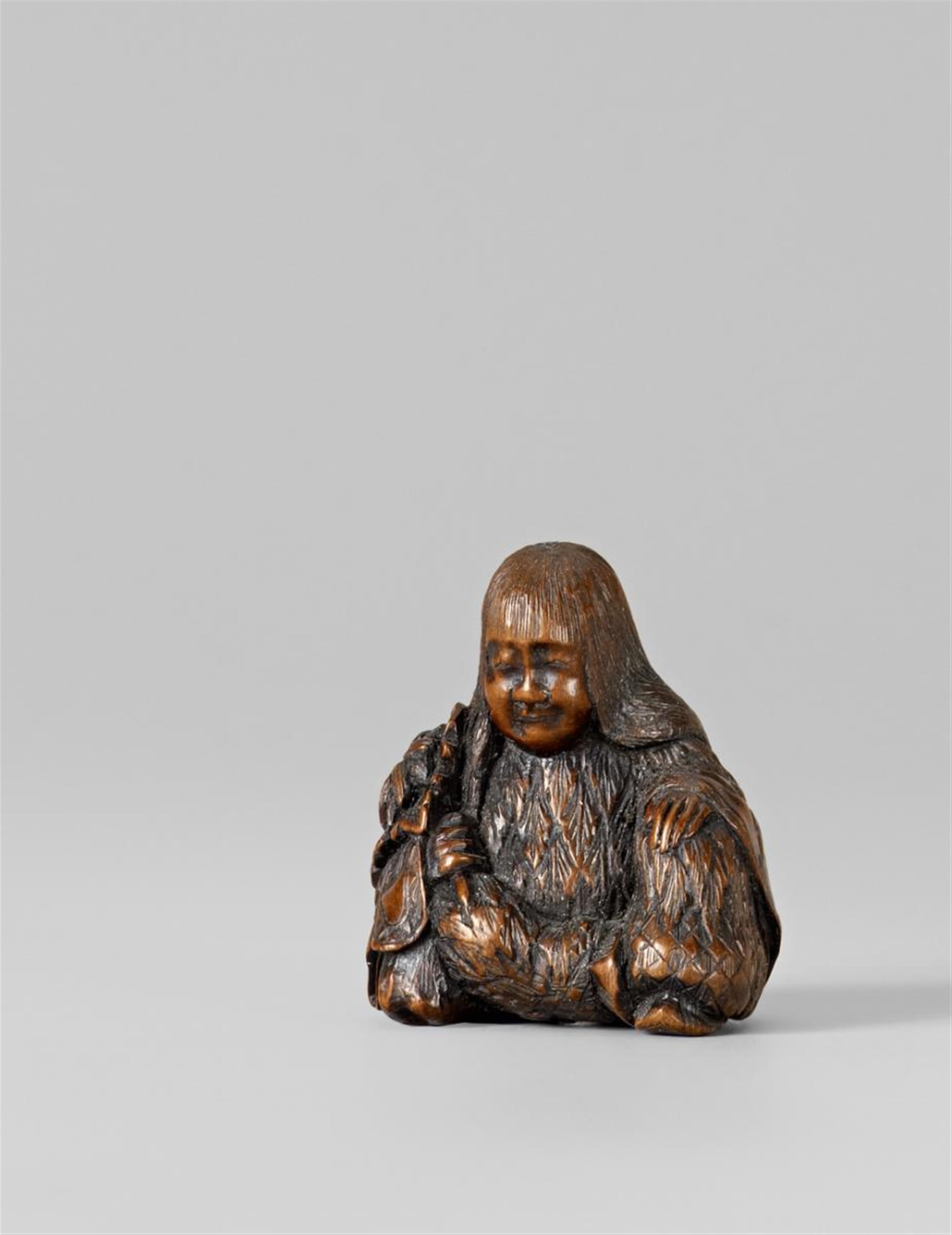 A rare Nagoya school cherry wood netsuke of Kikujidô, by Masanaga. Mid-19th century - image-1