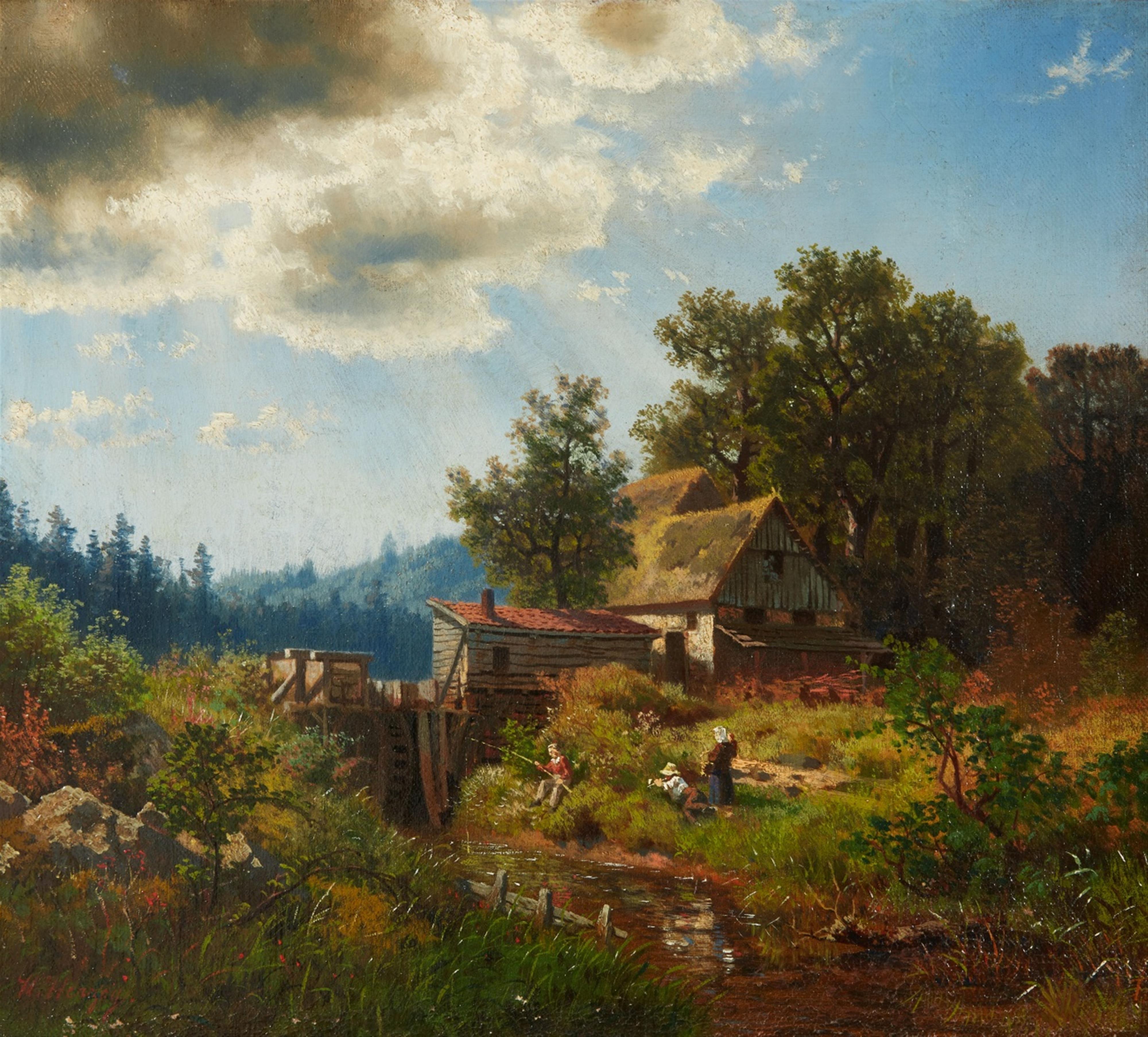 Hermann Herzog - Landscape with a Mill and Anglers - image-1