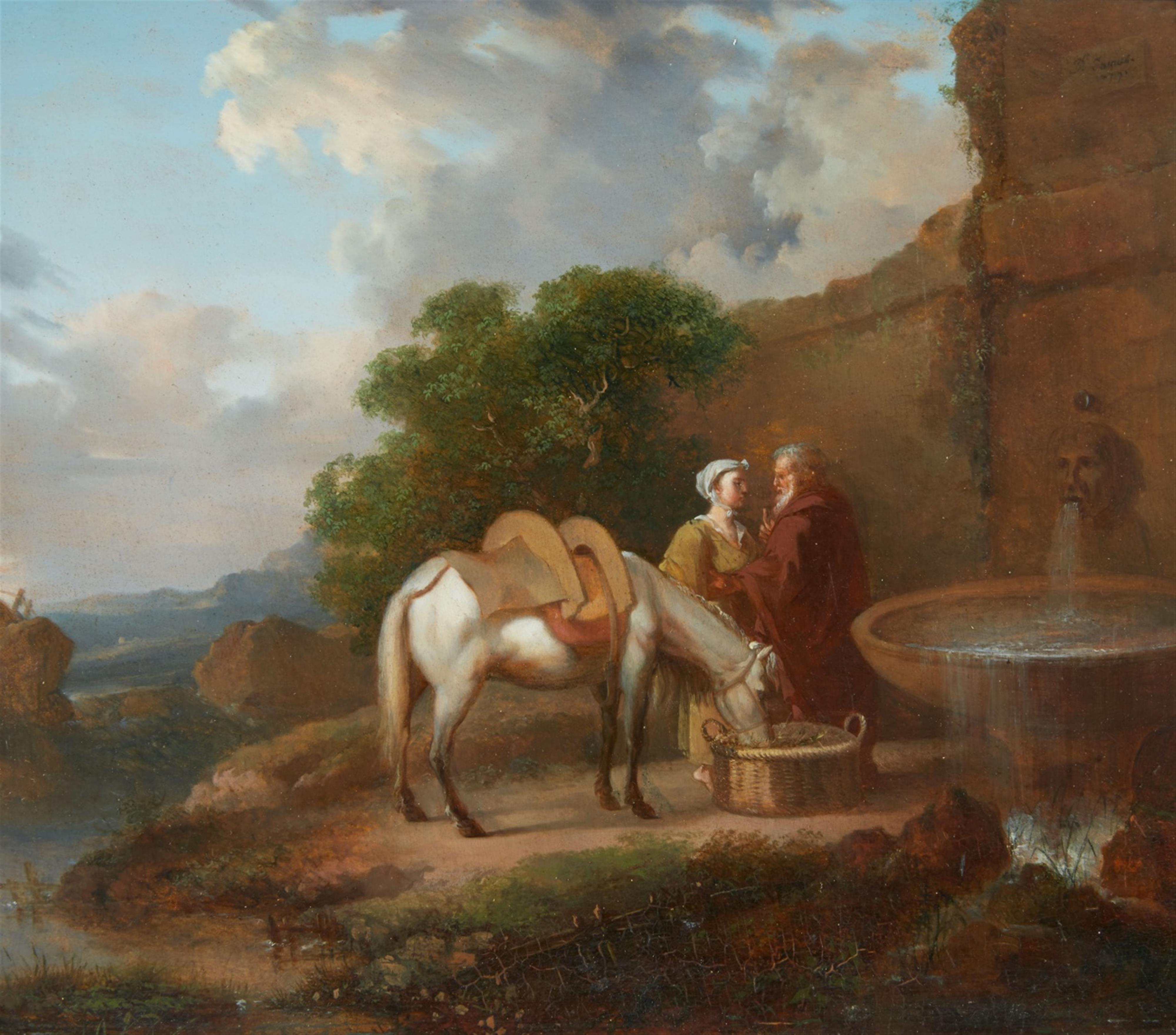 Wohl Französischer Meister der 2. Hälfte des 18. Jahrhunderts - Landschaft mit Reisenden und Pferd an einem Brunnen - image-1