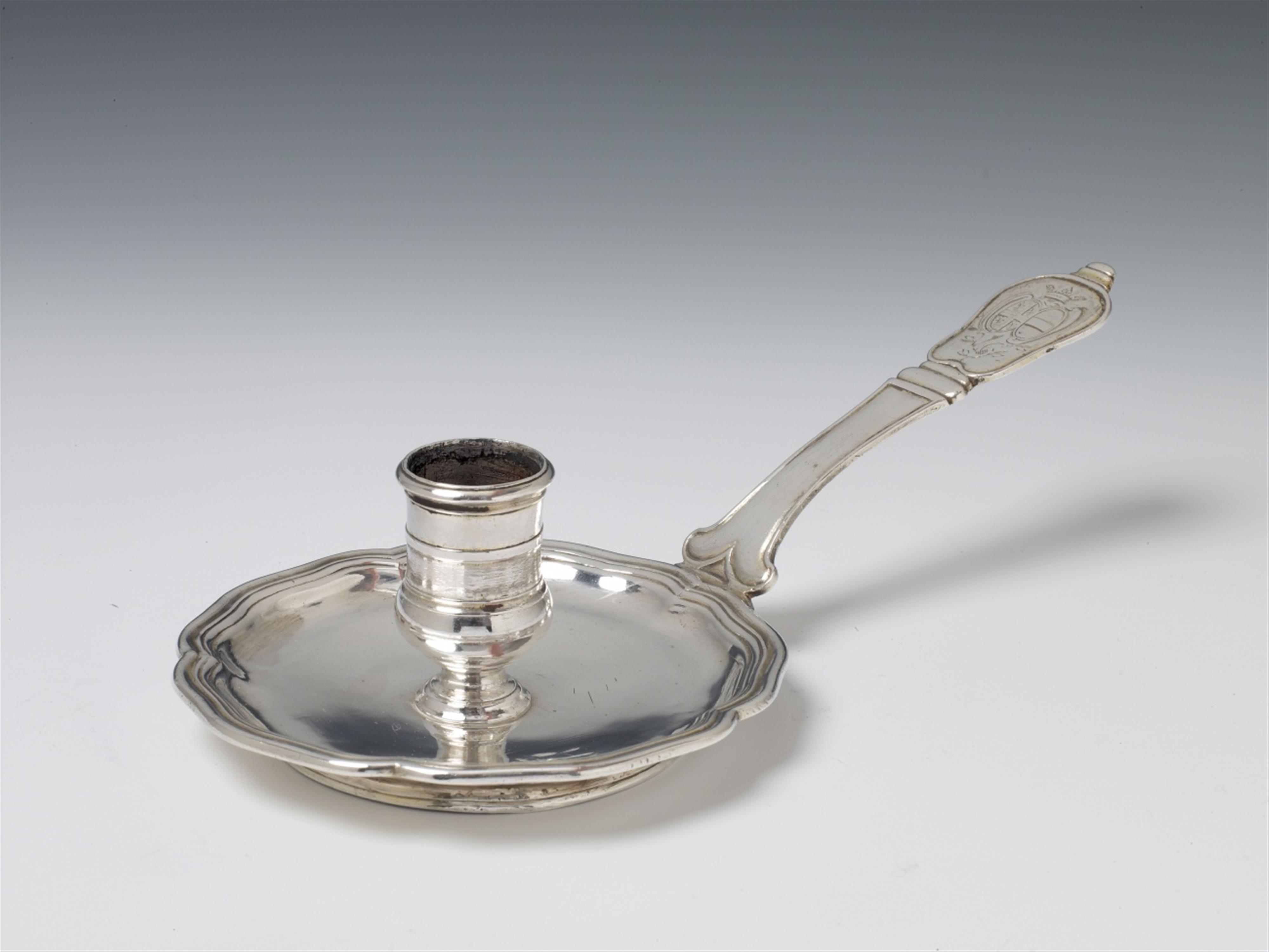 A Strasbourg silver chamberstick. Engraved to the handle terminal with an arms of alliance. Marks of Joachim Friedrich Kirstein, ca. 1730. - image-1