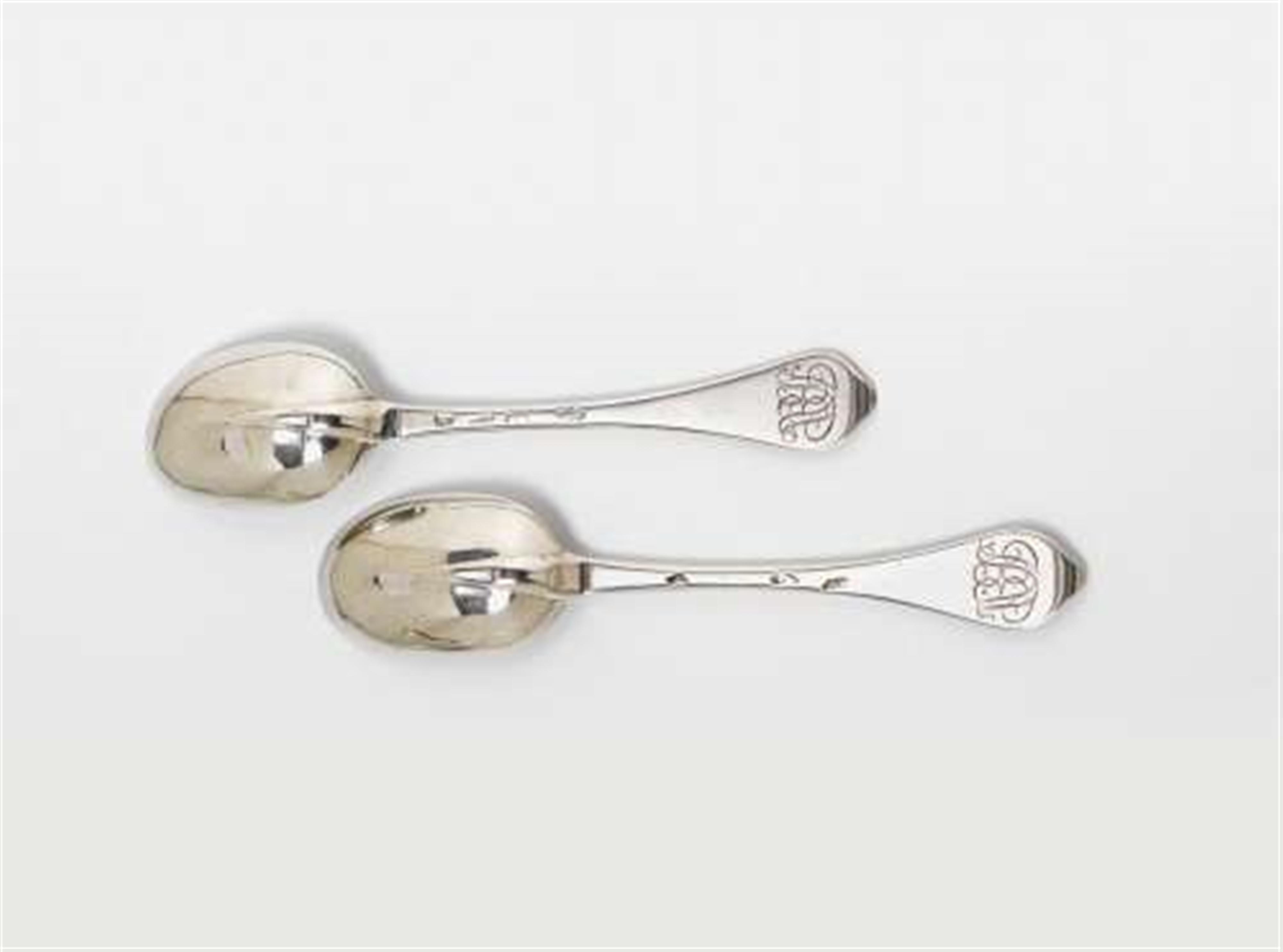 A pair of London silver Queen Anne spoons. Maker's mark illegible, 1702/03. - image-1