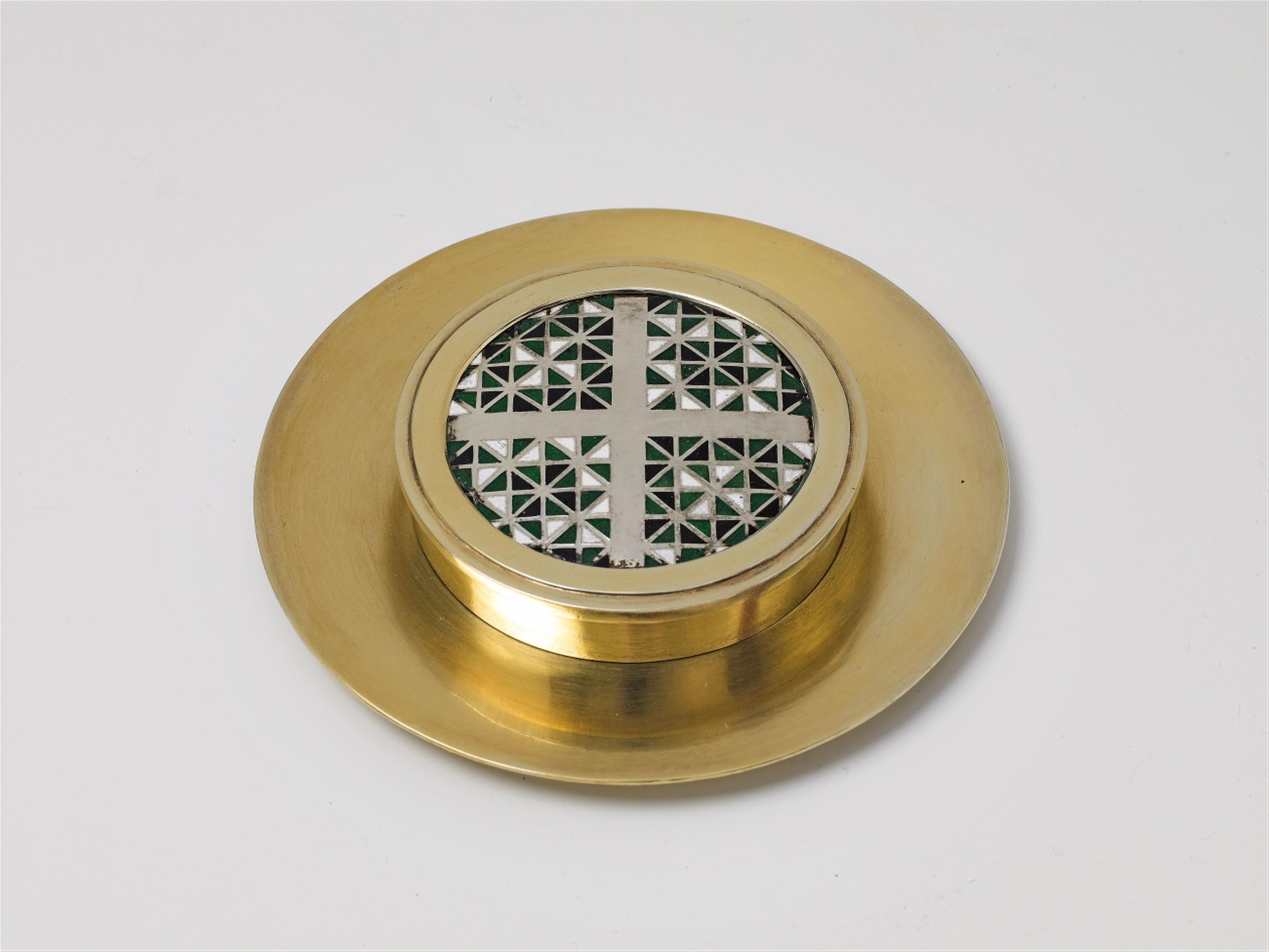 A Cologne silver gilt covered patene. Practice piece with green, black and white mosaic pattern enamel. Marks of Wilhelm Nagel, ca. 1950. - image-1