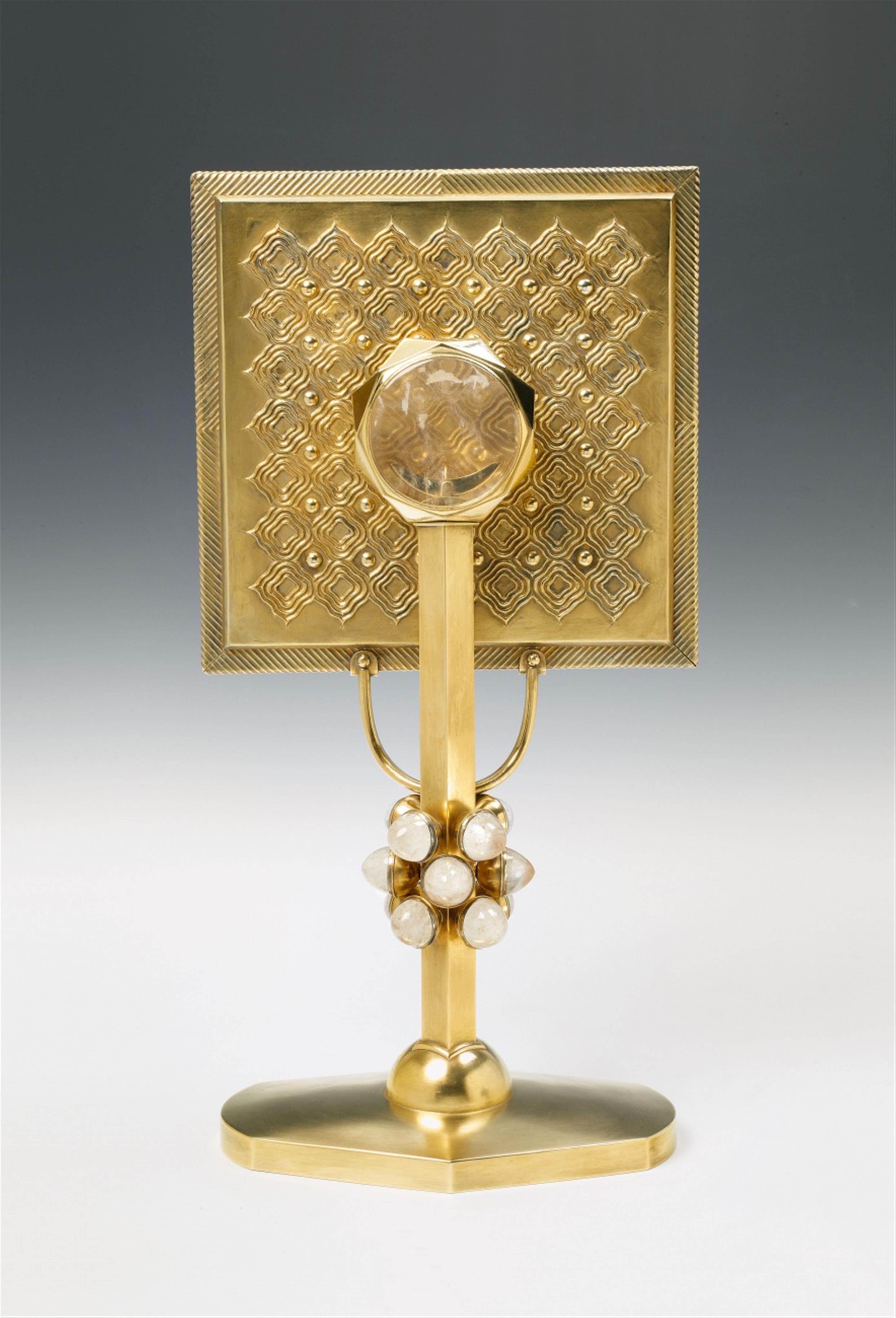 A large Cologne silver gilt monstrance. Set with 11 large rock crystal cabochons. Marks of Wilhelm Nagel, 1978. - image-1