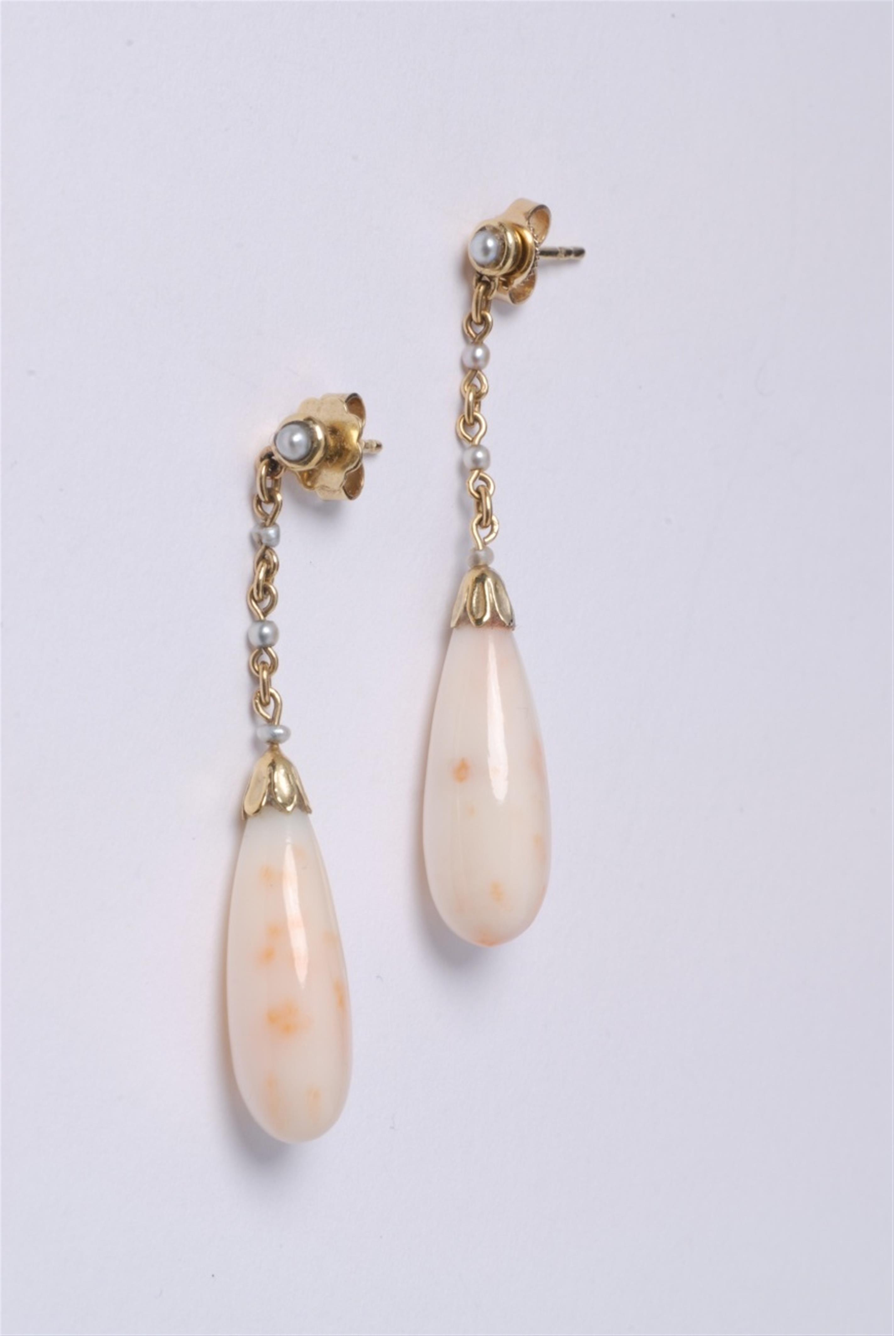 A pair of 14k gold, pearl and natural coral pendant earrings. - image-1