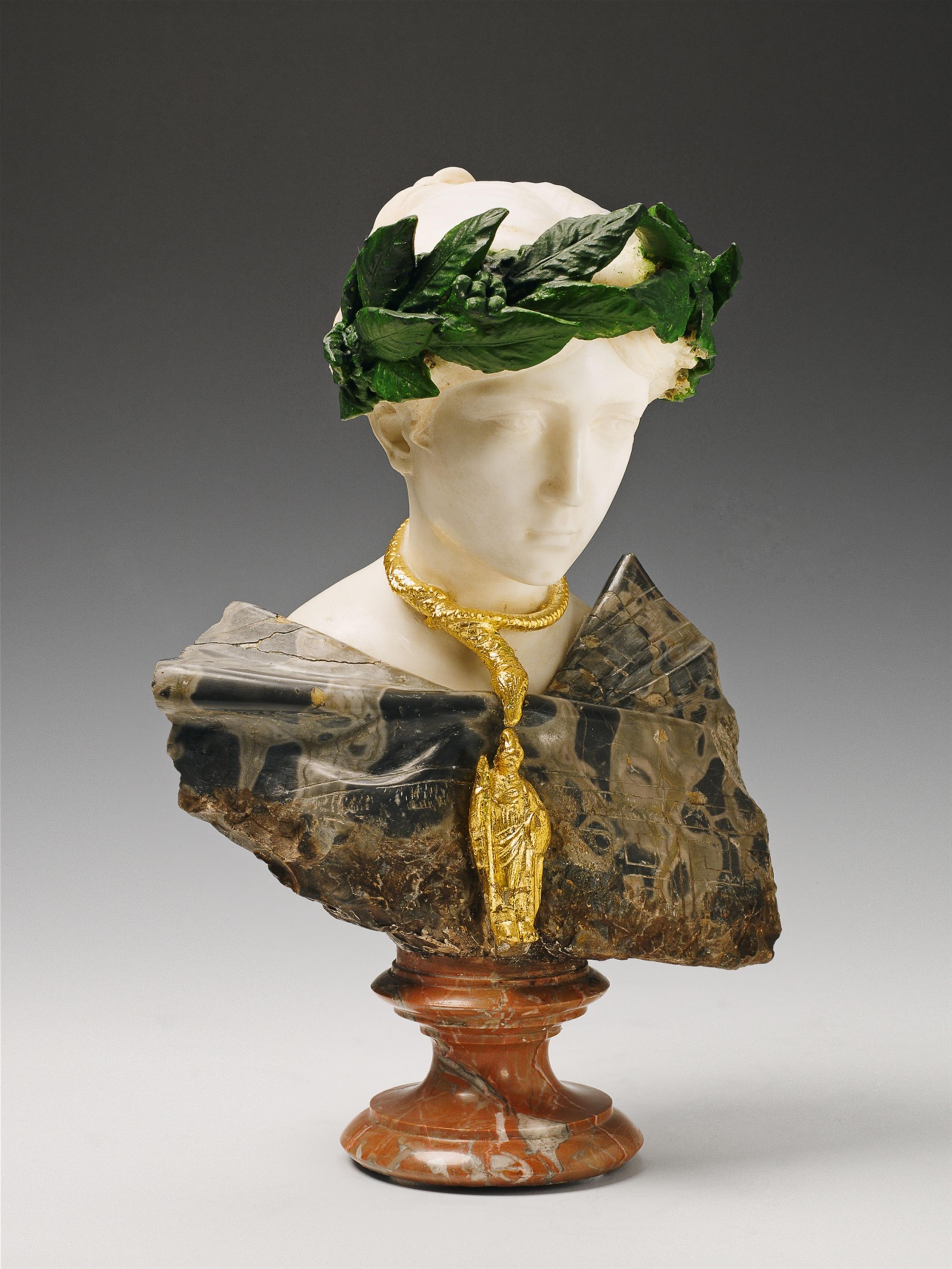 A Florentine gilt and painted marble bust of a young lady in a laurel wreath. - image-1