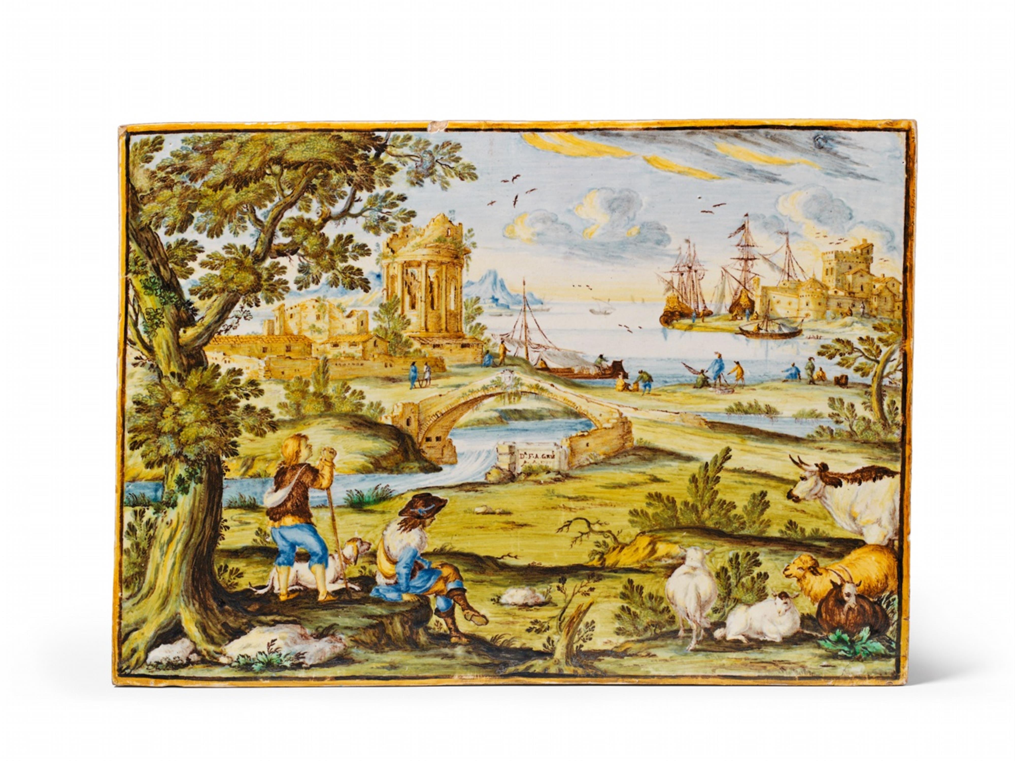 A large signed Castelli D'Abruzzo maiolica plaque with river landscape decor. Große signierte Bildplatte - image-1