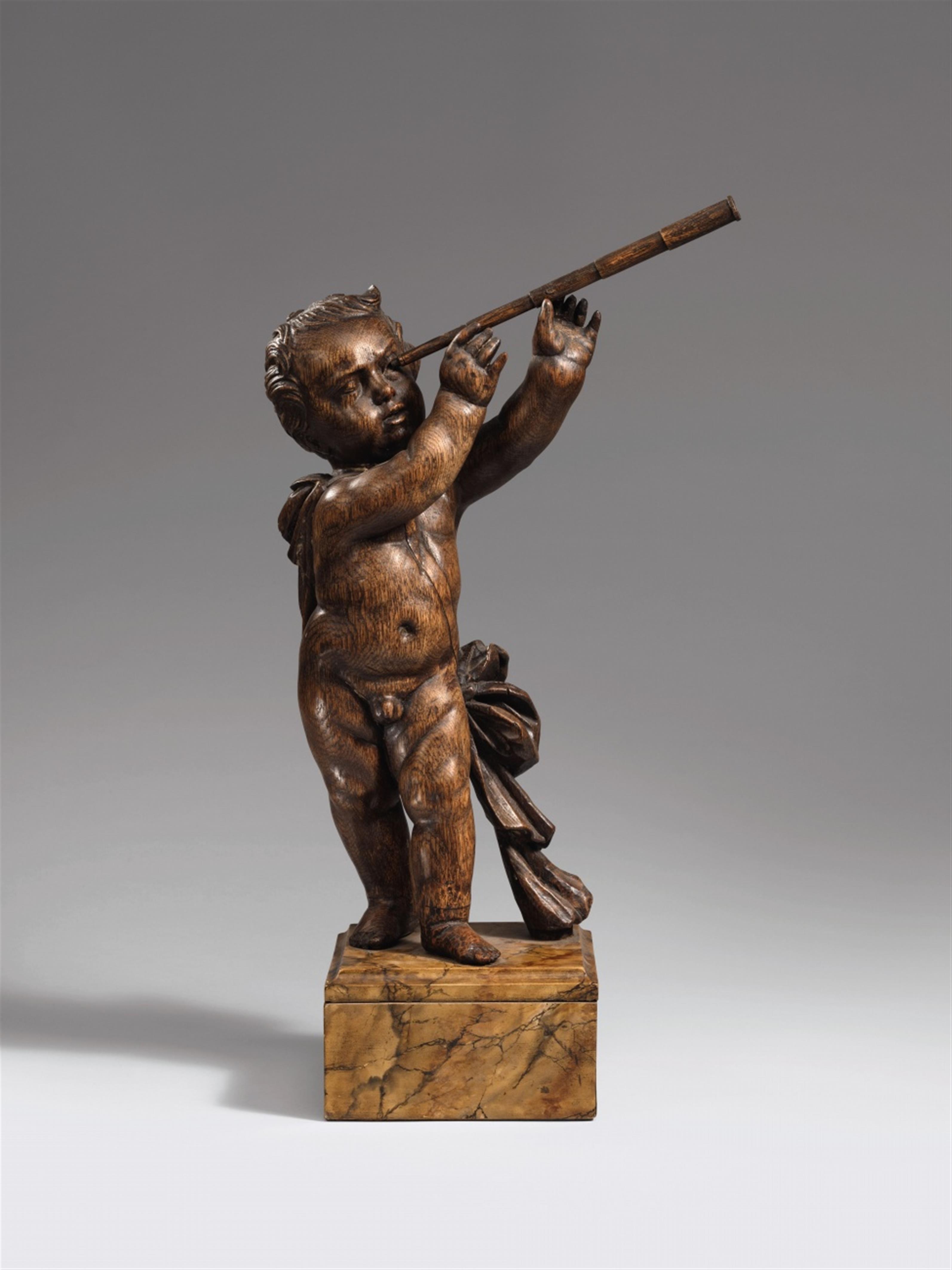 Flemish late 17th C. - A late 17th century Flemish carved wooden figure of a putto with a telescope. - image-1