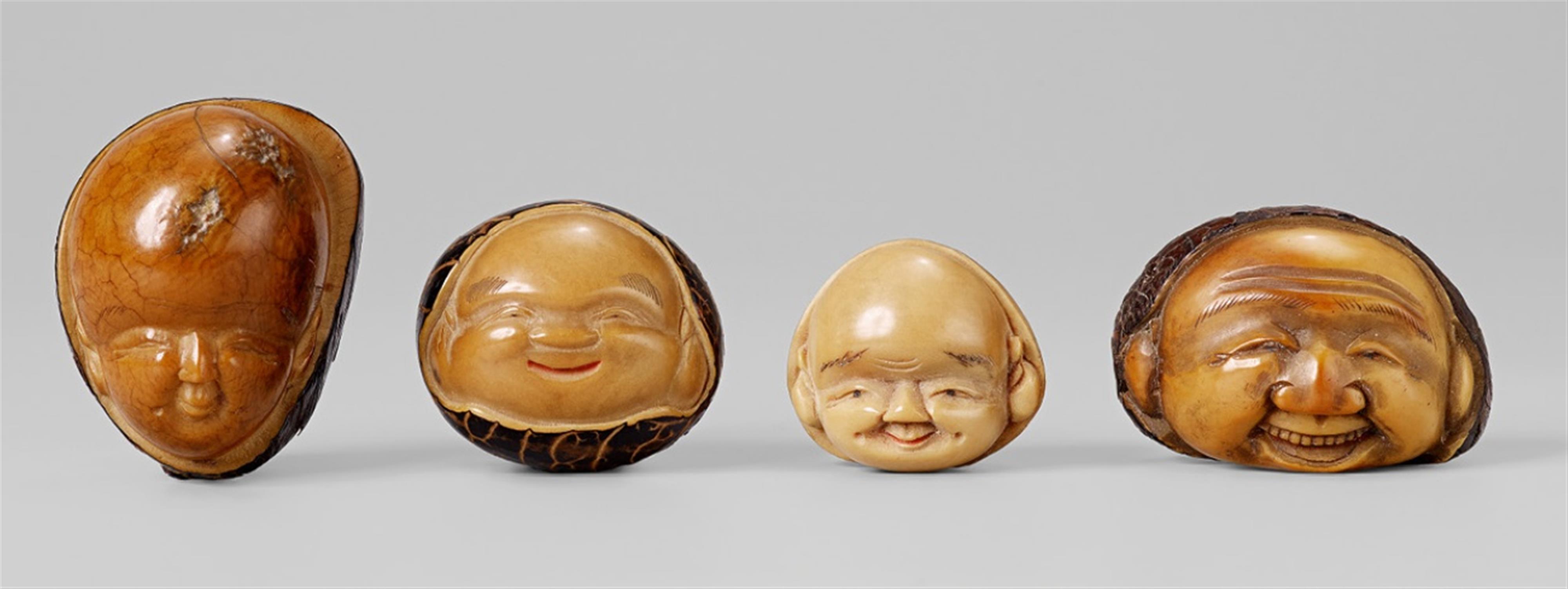 Four corozo nut netsuke of the heads of Hotei and Fukusuke. 19th century - image-1