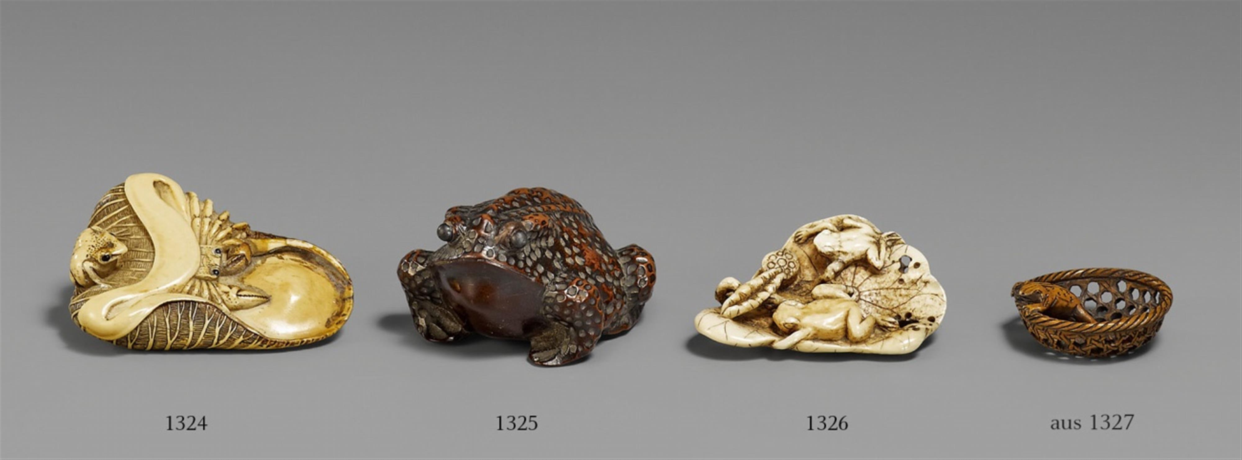 A walrus tusk netsuke of two frogs on a lotus leaf. Late 19th century - image-1