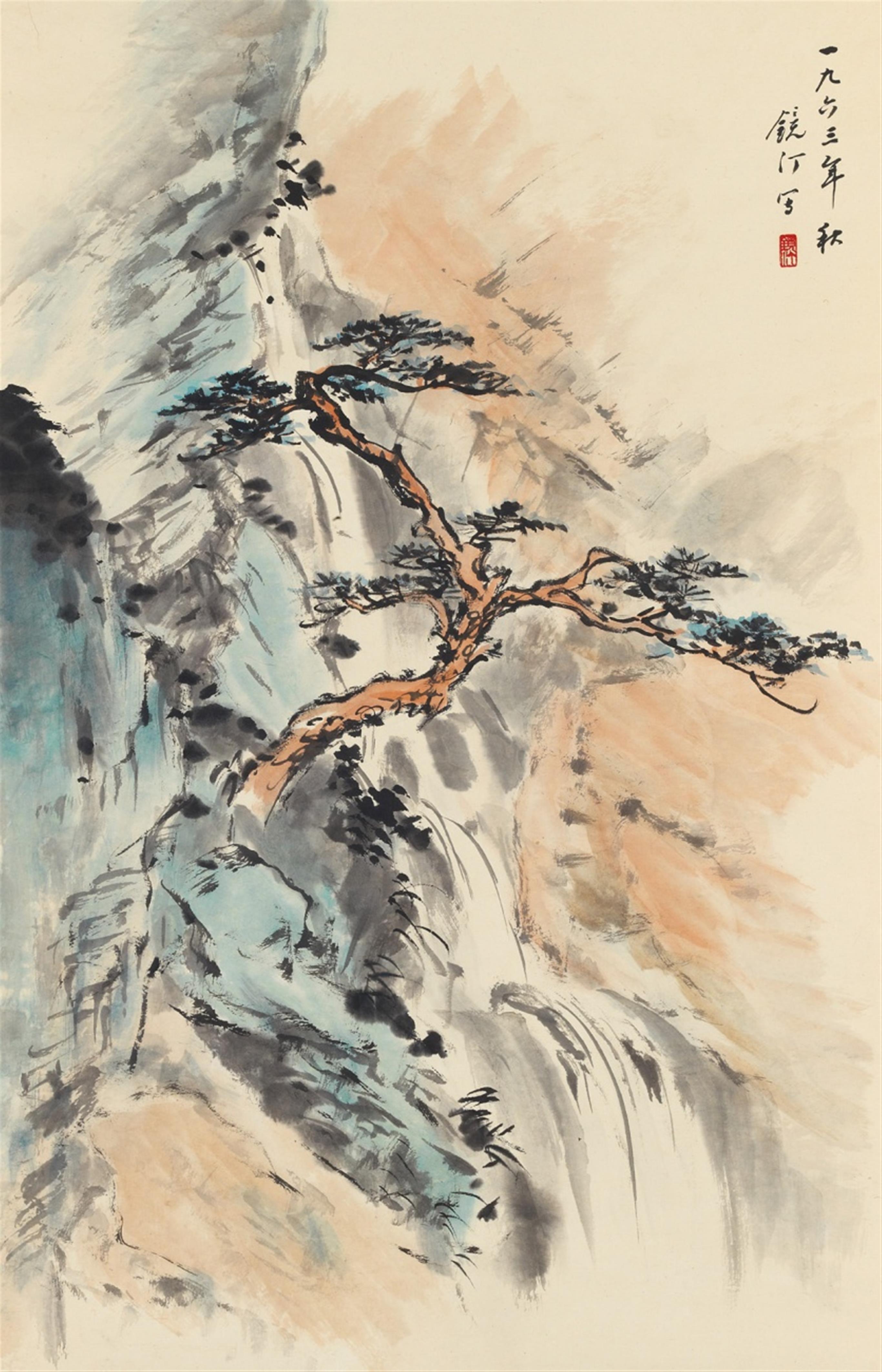 Wu Jingding - Landschaft. Hängerolle. Tusche und Farben auf Papier. Aufschrift, datiert: 1963, sign.: Jingding und Siegel: Jingding. - image-1