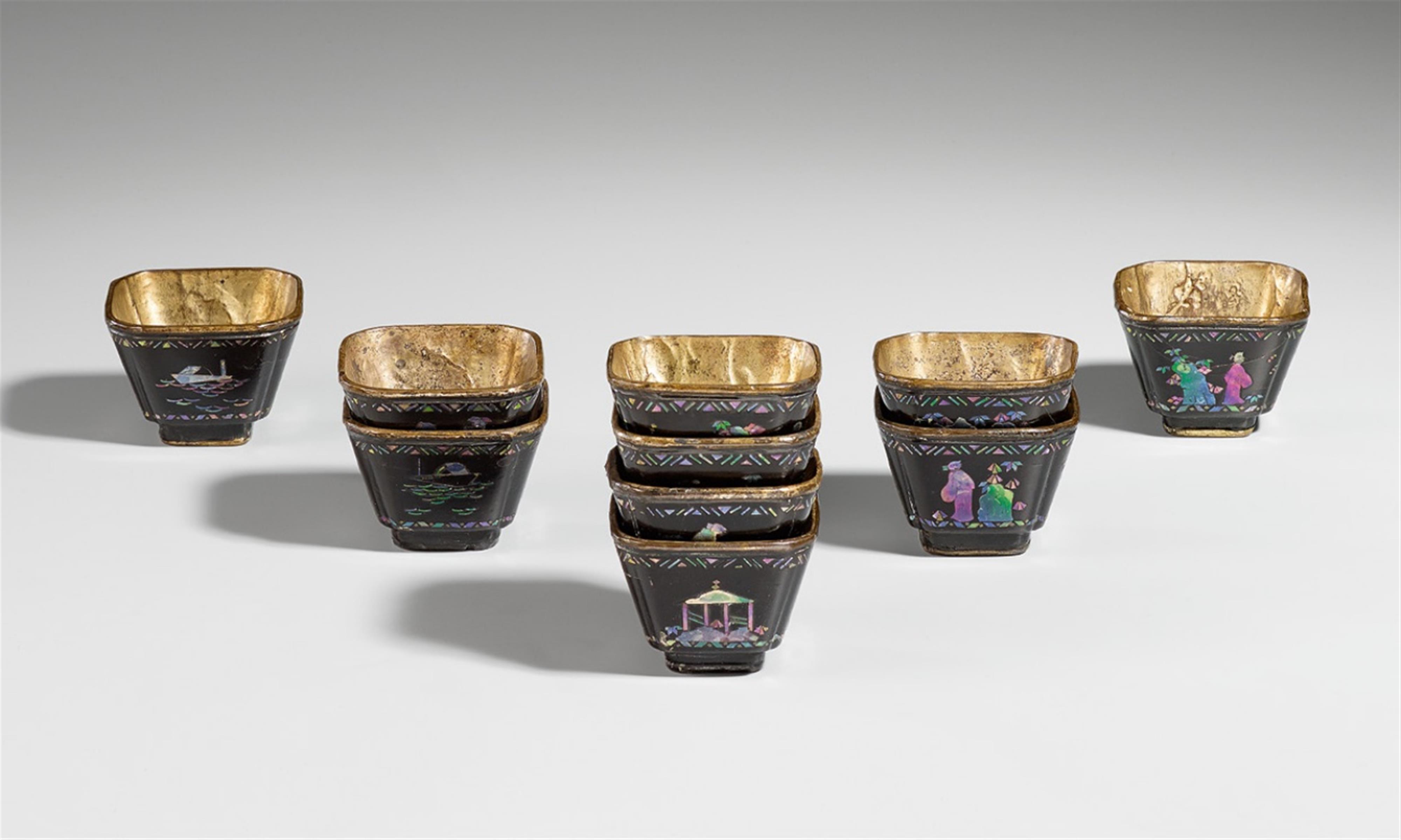 A group of ten mother-of-pearl inlaid black lacquer wine cups. 18th century - image-1