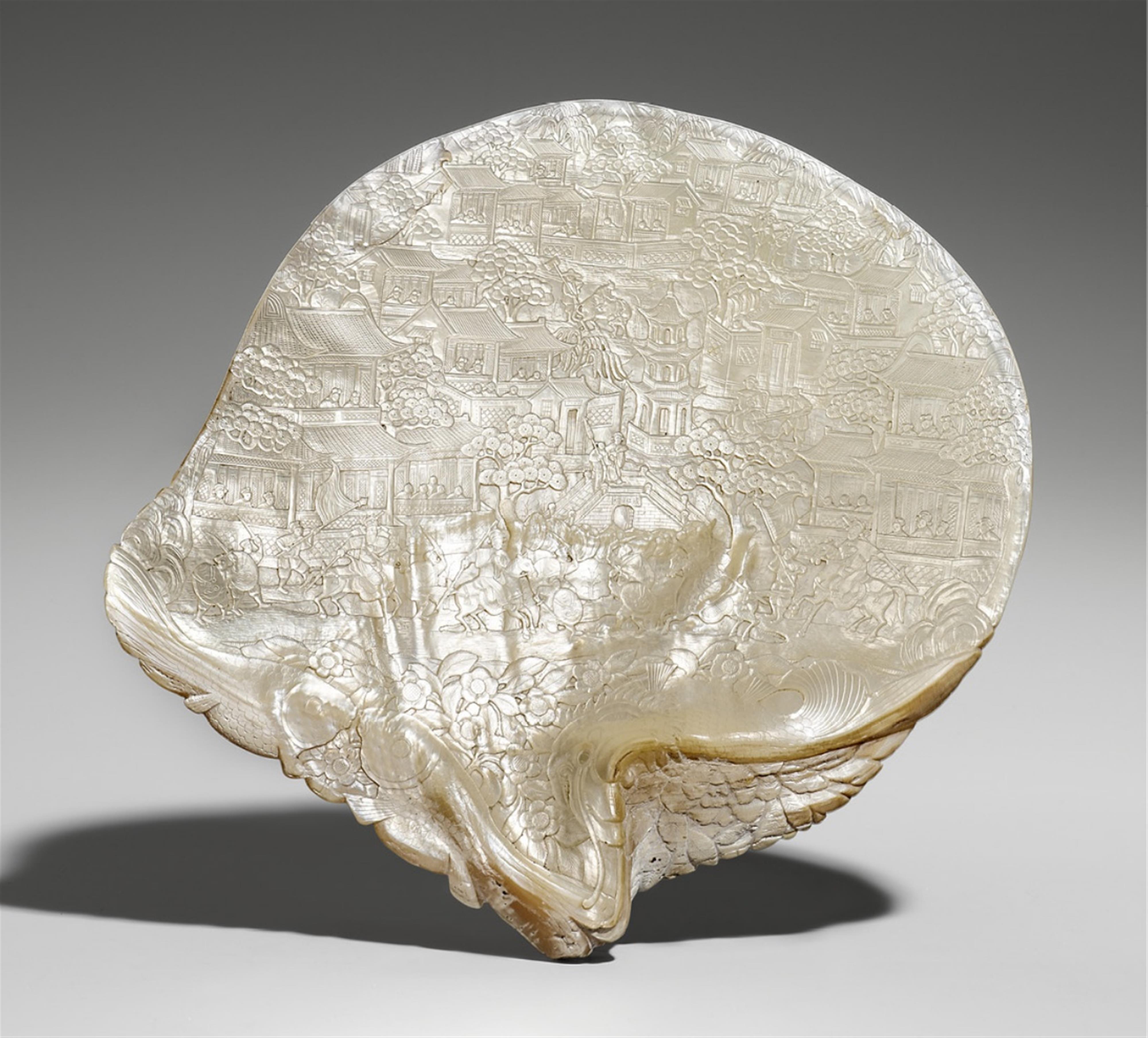 A large probably Hong Kong carved Pinctada shell. Mid-19th century - image-1