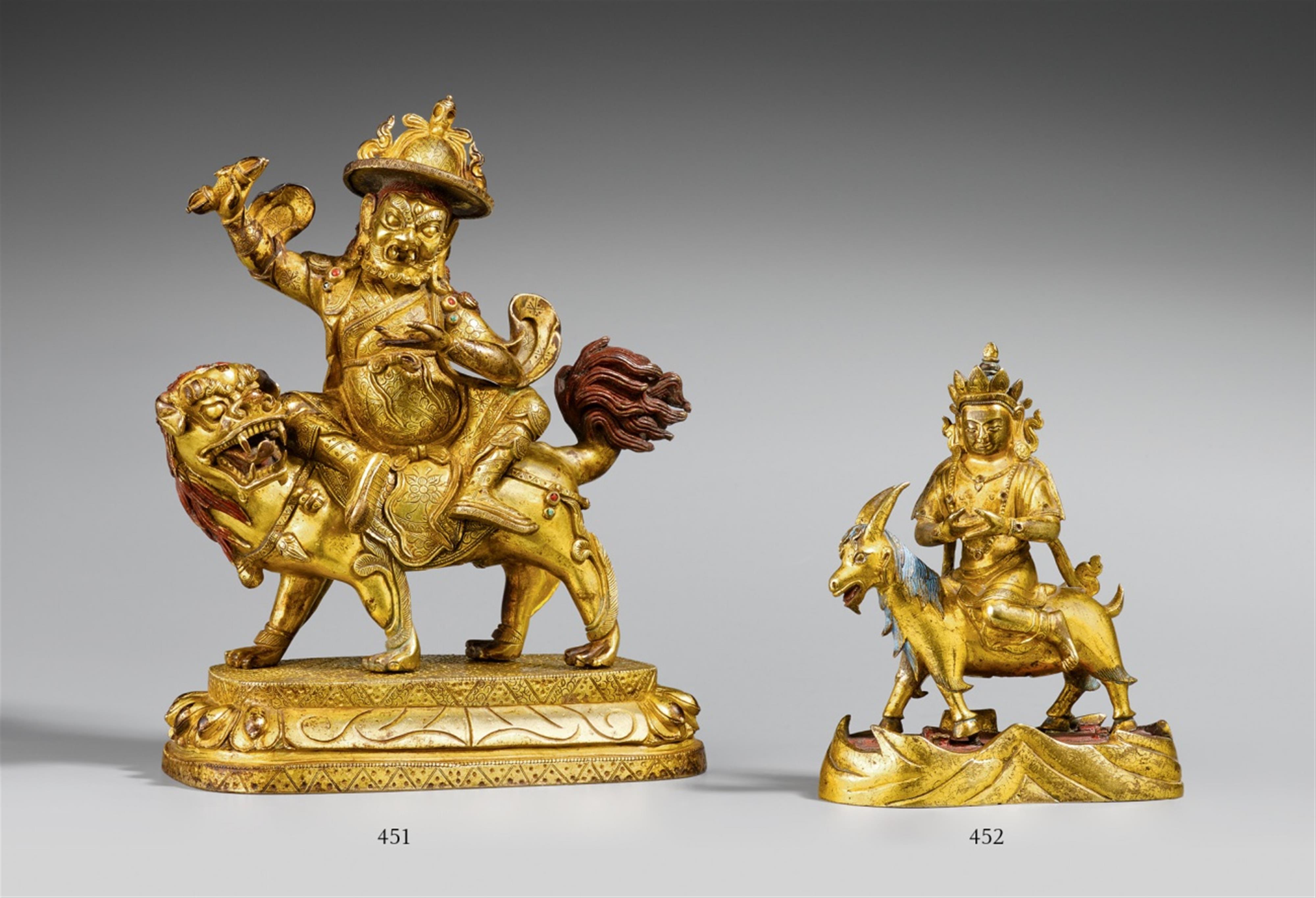 A Sinotibetan gilt bronze figure of a bodhisattva seated on a goat. 18th century - image-1